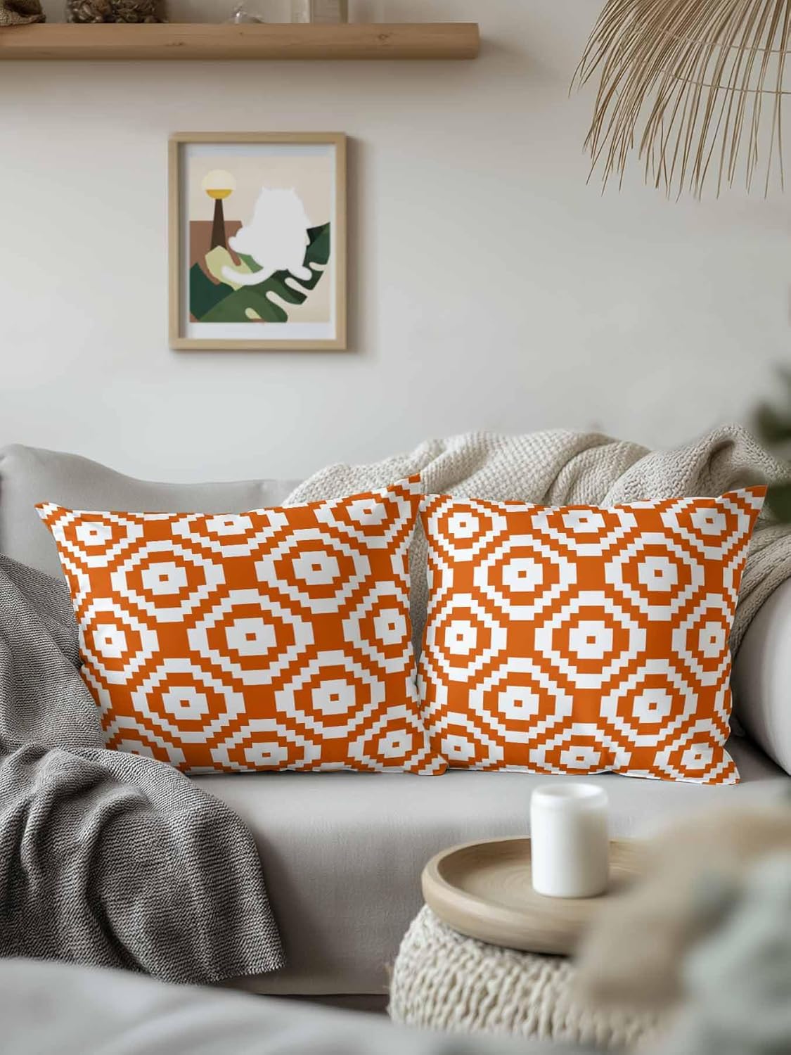 Throw Pillow 18x18 Inch, Orange White Geometric Waterproof Outdoor Pillow Covers with Insert, Modern Abstract Art Decorative Pillowcase Cushion Cases for Patio, Couch, Sofa, Bed