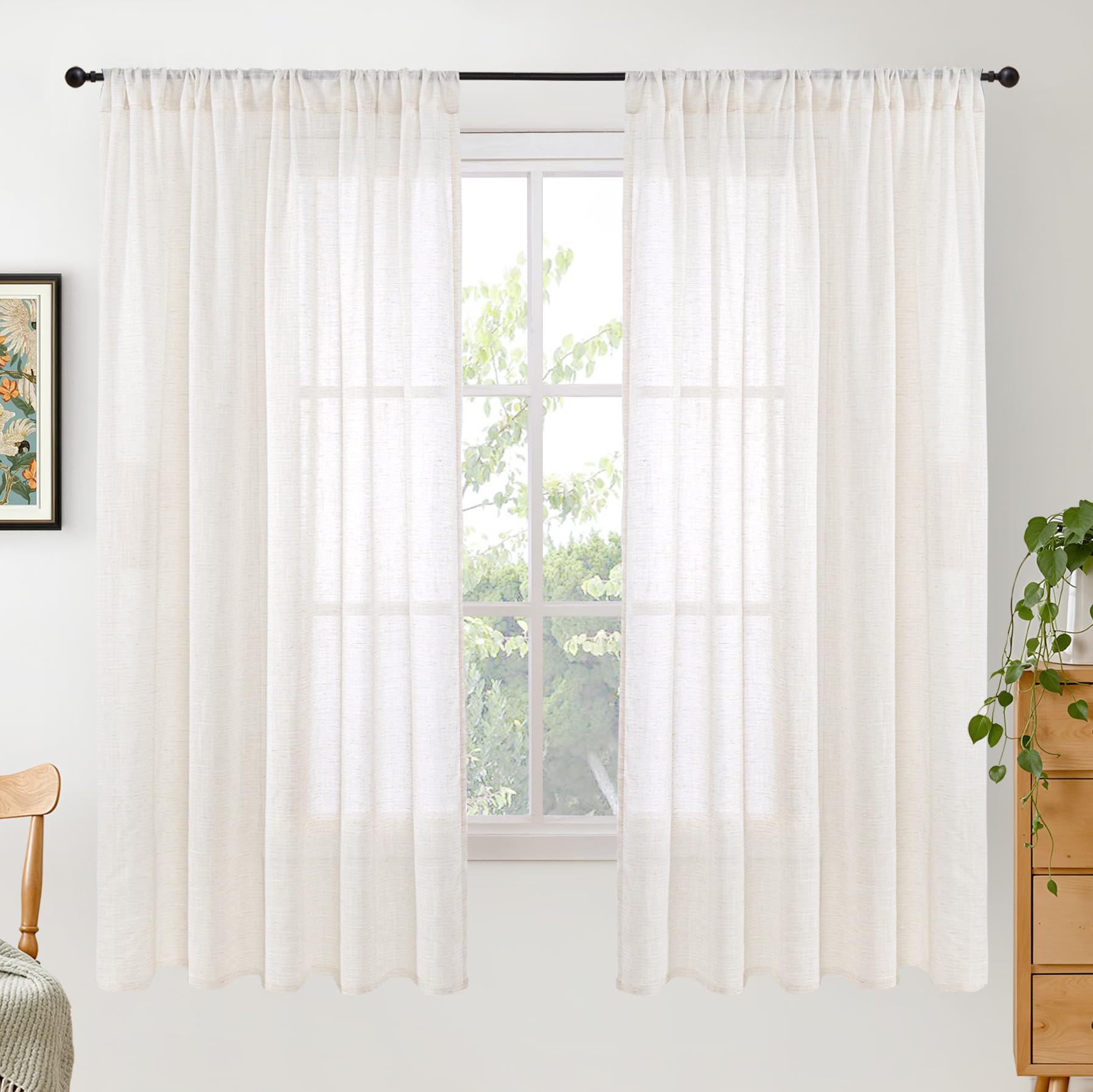 BGment 80 Inches Long Natural Linen Curtains 2 Panels Set - Burlap Light Filtering Window Drapes with Rod Pocket Semi Sheer for Farmhouse Bedroom Decor Rustic, 52 Inch Wide Each Panel