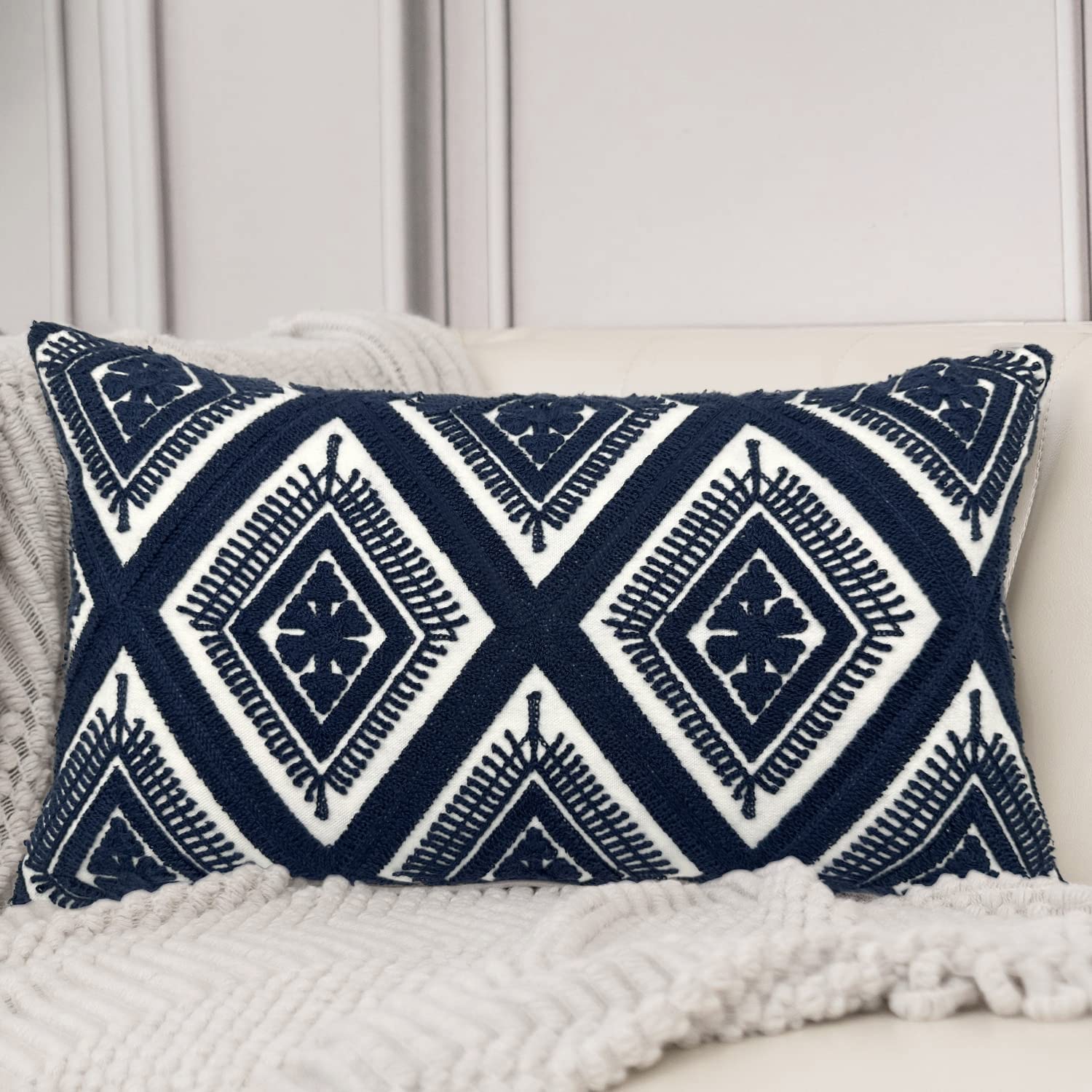 Navy Blue Boho Geometric Pillow Covers 18x18", Set of 2 Embroidered Cotton Cushion Cases