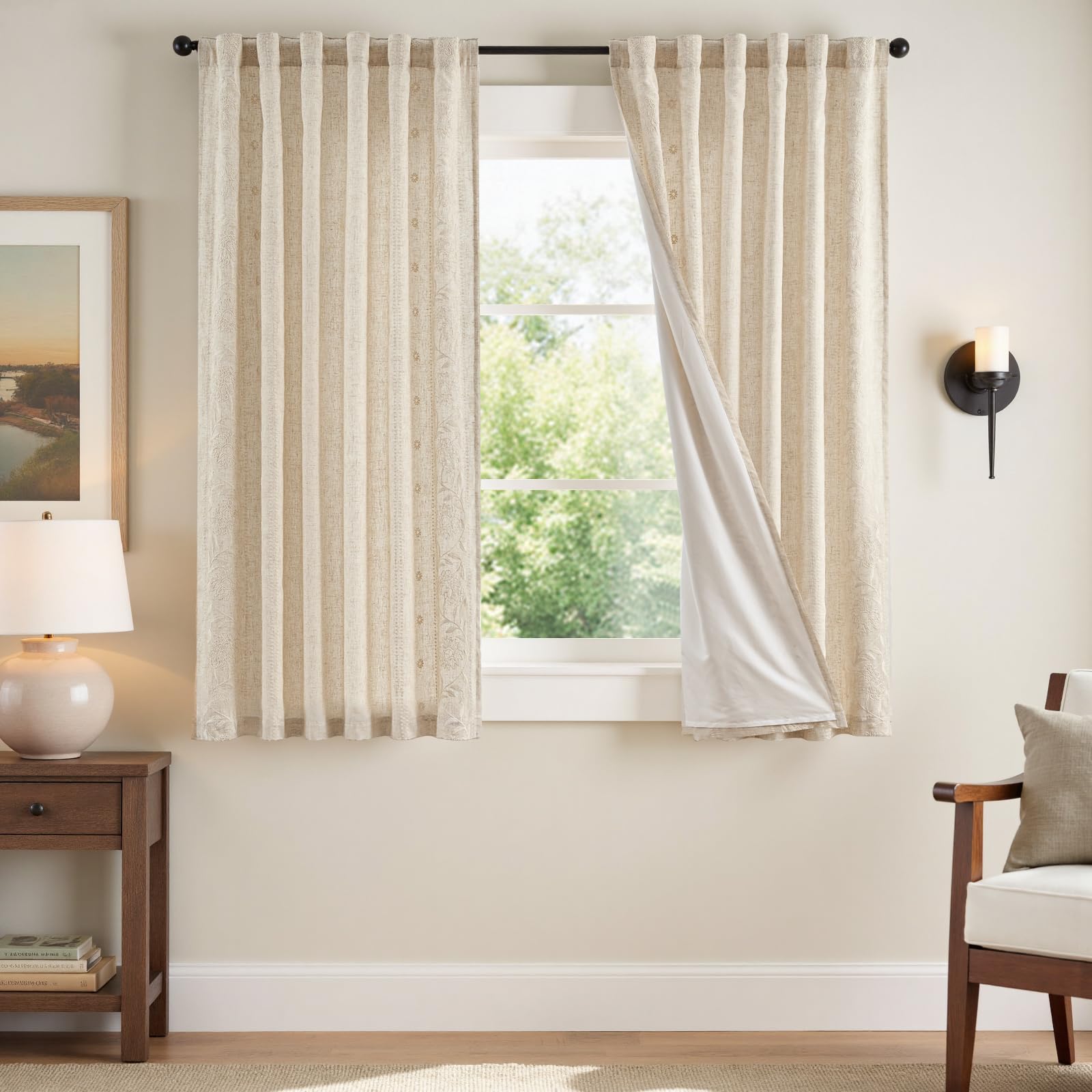 jinchan Winslow Linen Curtains for Bedroom 84 Inches Length Embroidered Bordered Floral Curtains for Living Room Farmhouse Decor Light Filtering Window Treatments Blue on Beige Drapes 2 Panels