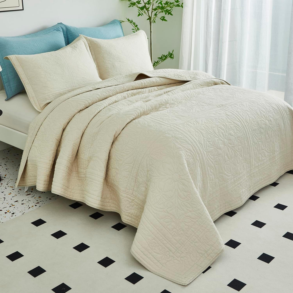 WINLIFE 100% Cotton Quilt Set Full/Queen 90x98 Inch Beige Summer Bedspread Super Soft Lightweight Matelasse Embroidery Floral Coverlets for All Season, 3 Piece (1 Quilt, 2 Pillow Shams)