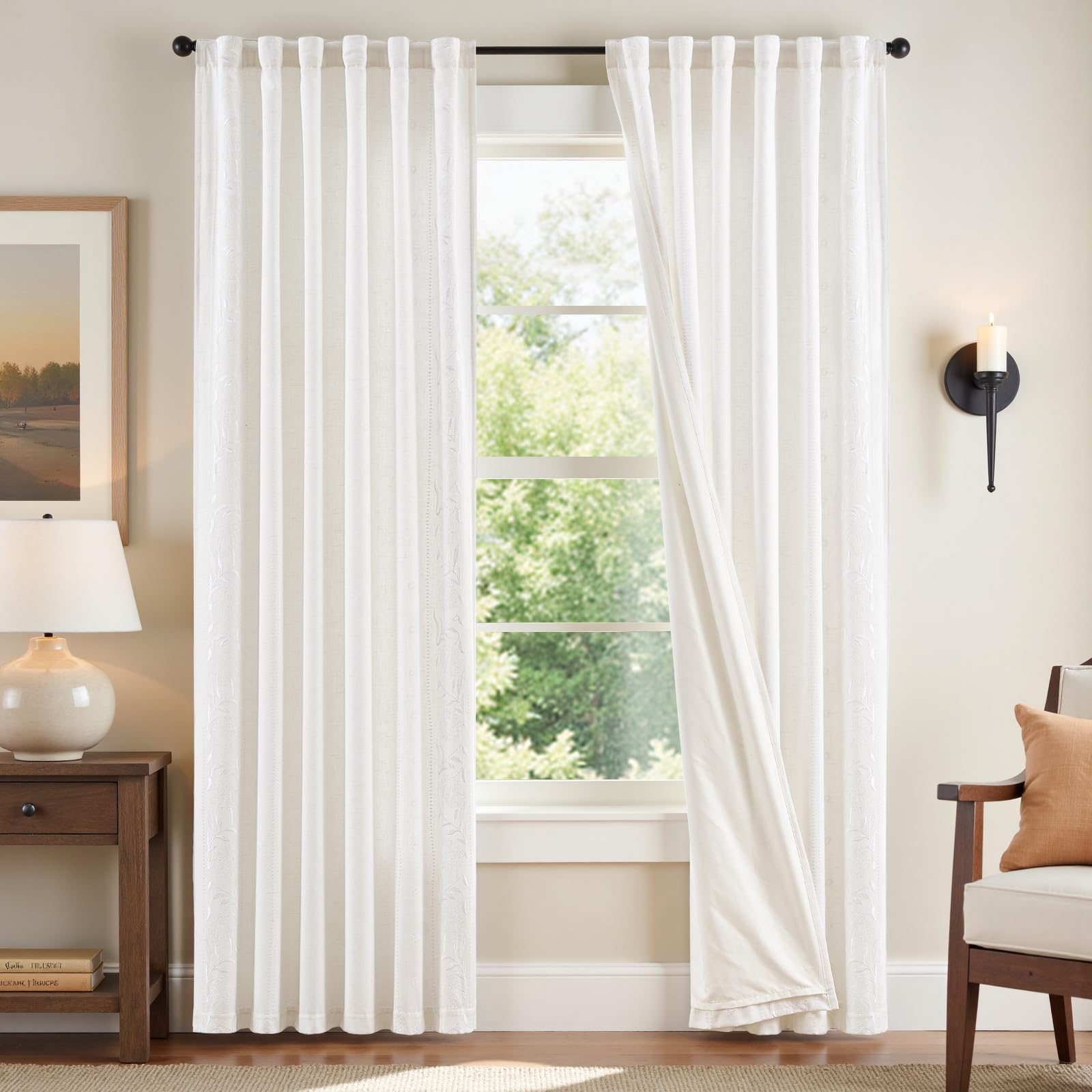 jinchan Winslow Linen Curtains for Bedroom 84 Inches Length Embroidered Bordered Floral Curtains for Living Room Farmhouse Decor Light Filtering Window Treatments Blue on Beige Drapes 2 Panels