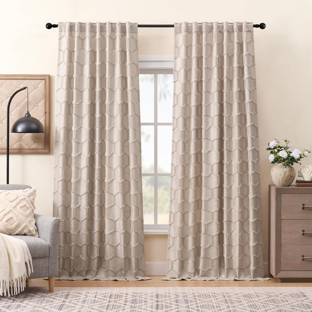 Taupe Geometric Curtains 84 Inches Long 2 Panels Jacquard Fluffy Hexagon Tufted Curtains Rod Pocket Back Tab Light Filtering Semi Sheer Privacy Decor Lattice Drapes for Bedroom Living Room, 52x84