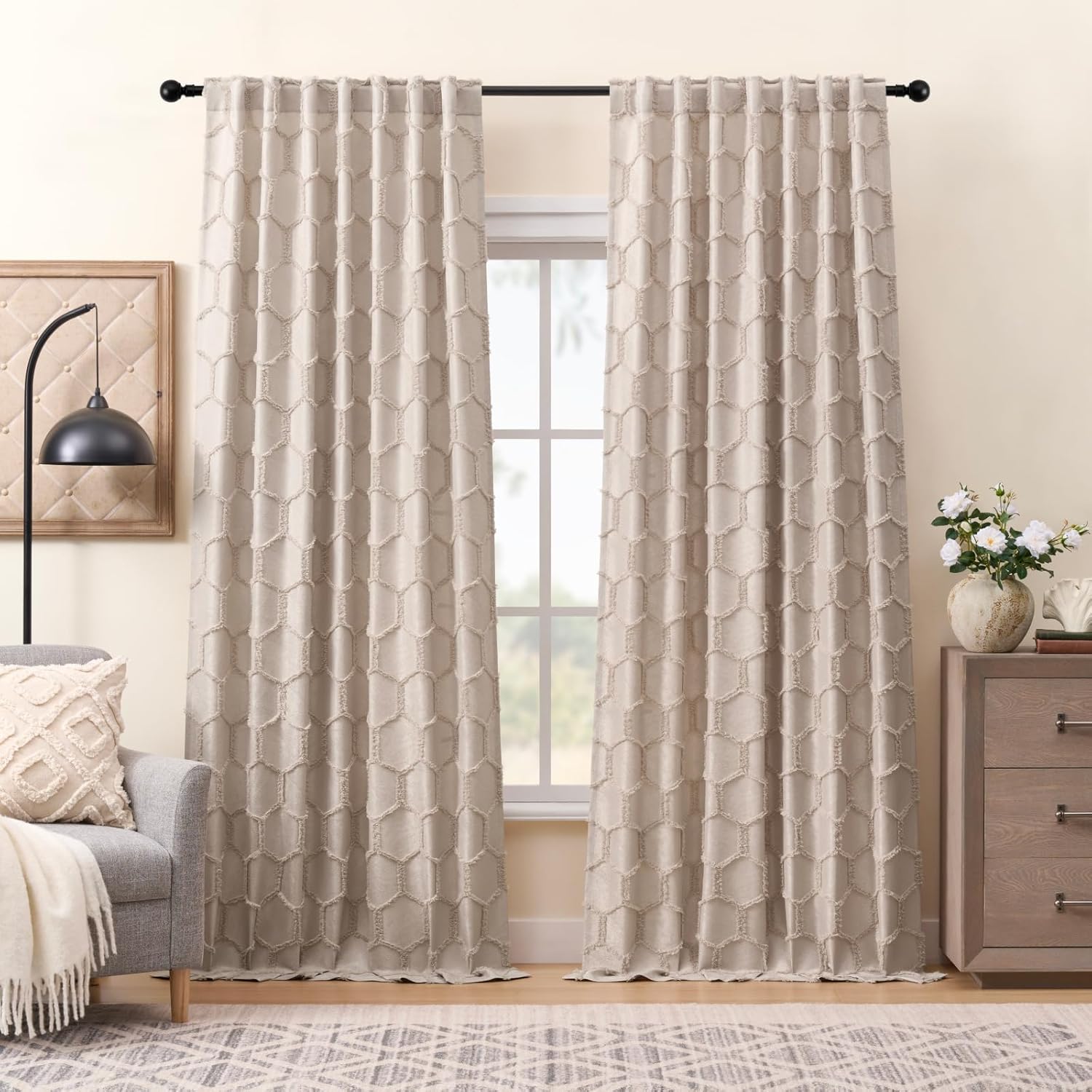 Taupe Geometric Curtains 84 Inches Long 2 Panels Jacquard Fluffy Hexagon Tufted Curtains Rod Pocket Back Tab Light Filtering Semi Sheer Privacy Decor Lattice Drapes for Bedroom Living Room, 52x84