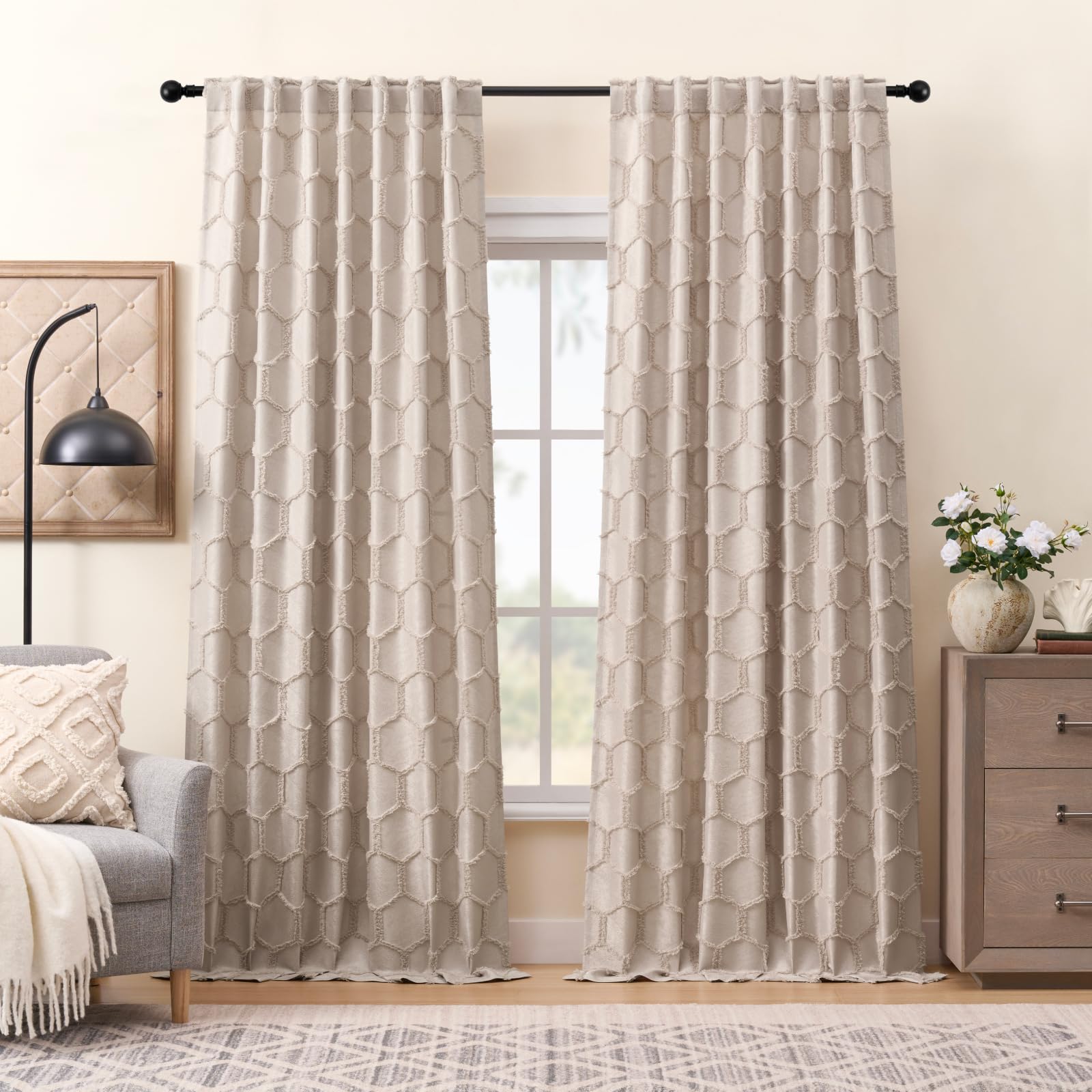 Taupe Geometric Curtains 84 Inches Long 2 Panels Jacquard Fluffy Hexagon Tufted Curtains Rod Pocket Back Tab Light Filtering Semi Sheer Privacy Decor Lattice Drapes for Bedroom Living Room, 52x84