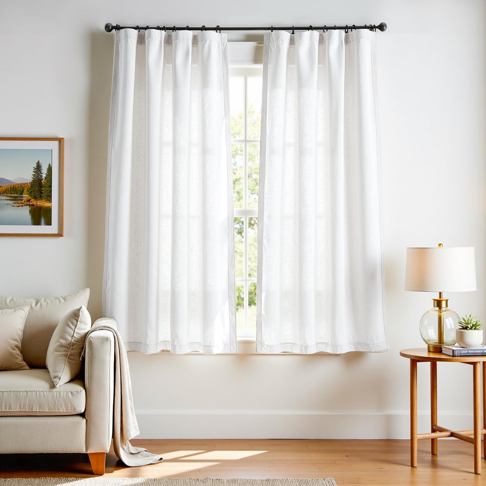 Linen Curtains for Living Room Bedroom 84 Inches Long Thick Linen Textured Beige Curtains Light Filtering Natural Semi Sheer Farmhouse Window Drapes, Country Rustic Drapes 2 Panels Back Tab/Rod Pocket