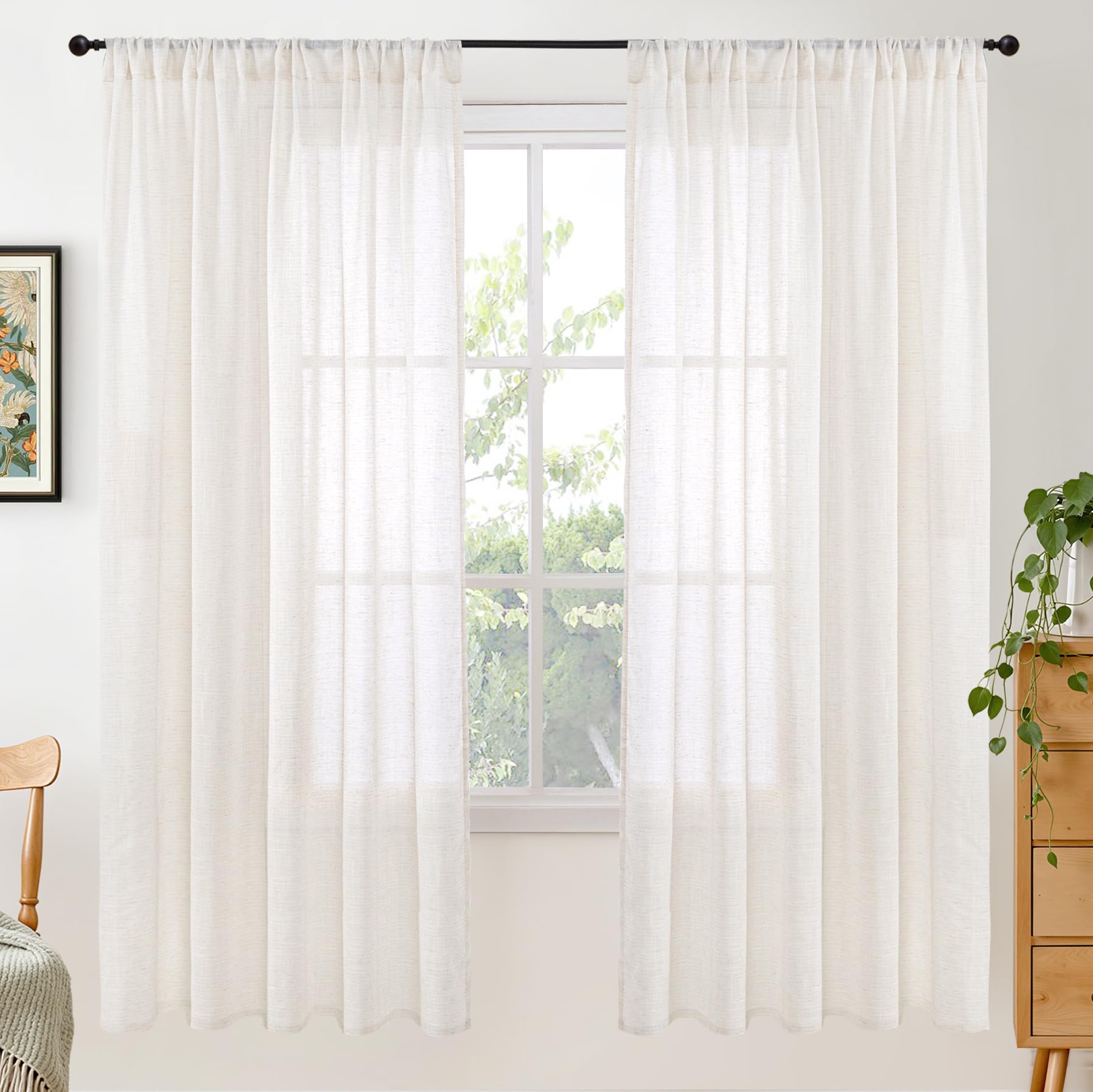 BGment 80 Inches Long Natural Linen Curtains 2 Panels Set - Burlap Light Filtering Window Drapes with Rod Pocket Semi Sheer for Farmhouse Bedroom Decor Rustic, 52 Inch Wide Each Panel