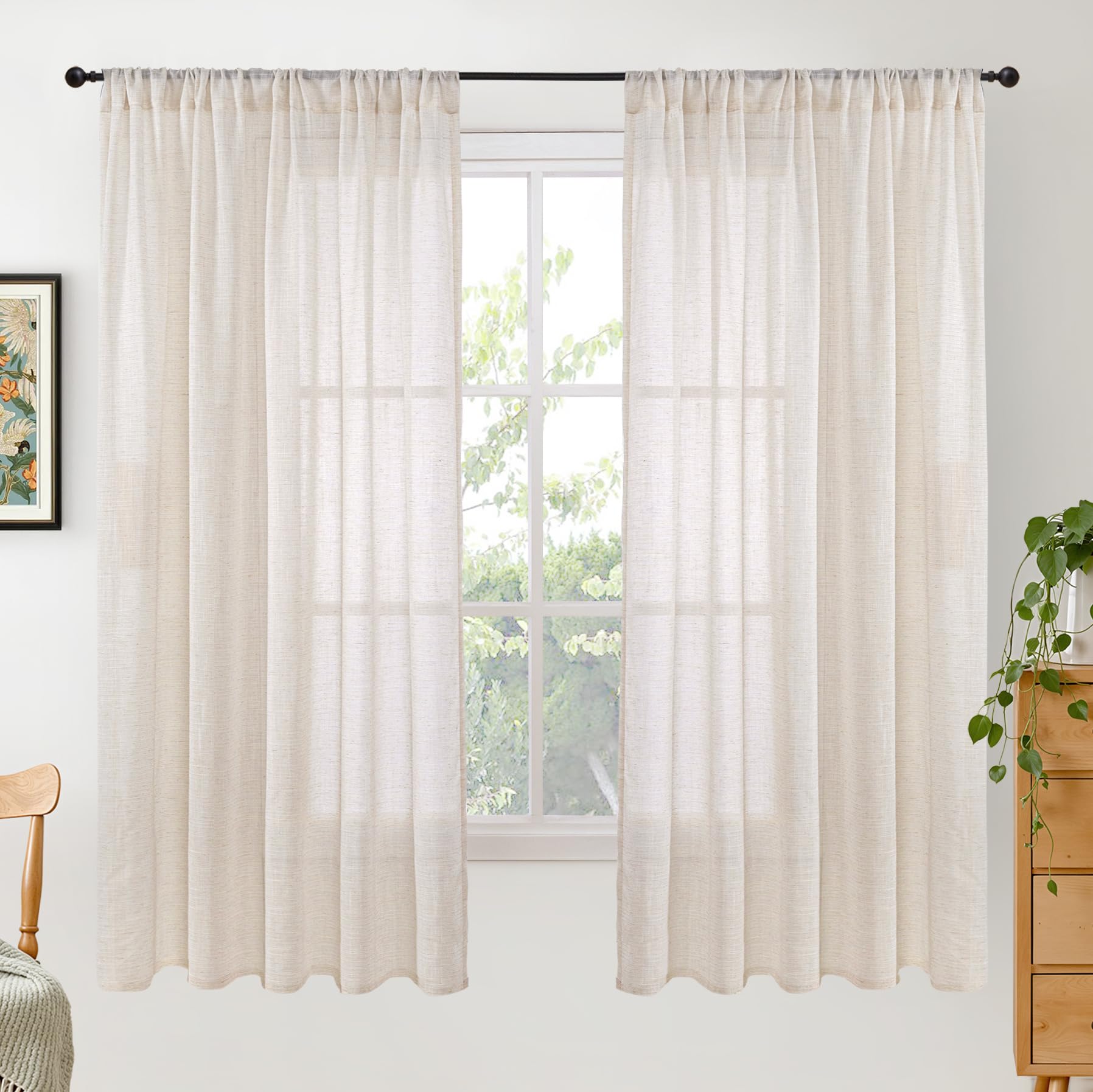 BGment 80 Inches Long Natural Linen Curtains 2 Panels Set - Burlap Light Filtering Window Drapes with Rod Pocket Semi Sheer for Farmhouse Bedroom Decor Rustic, 52 Inch Wide Each Panel