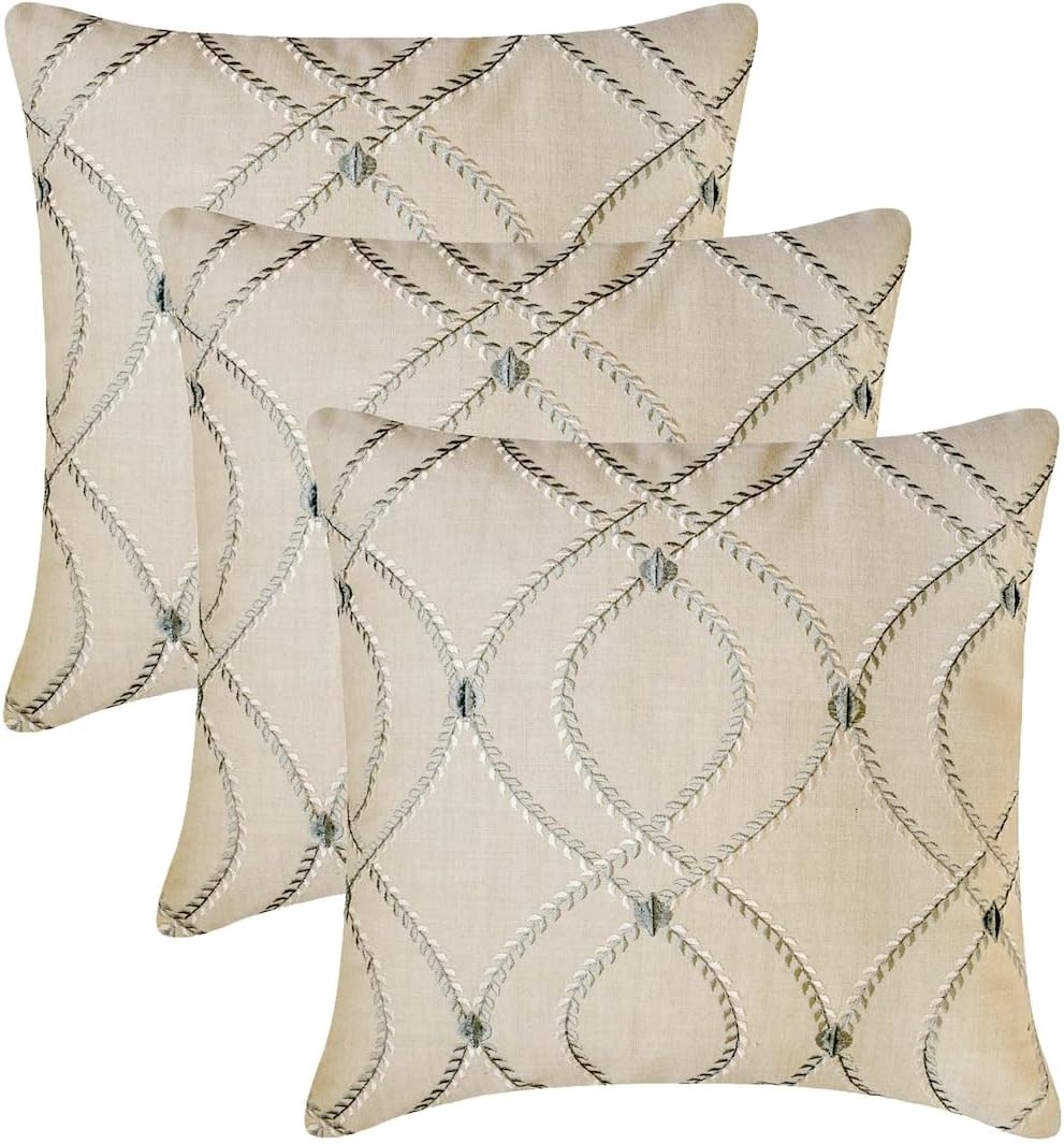 The HomeCentric Decorative Pillow Covers Beige Pack of 2, 20"x20" (50x50 cm) Linen Embroidery Cushion Covers for Sofa, Geometric Modern Style - Juliette