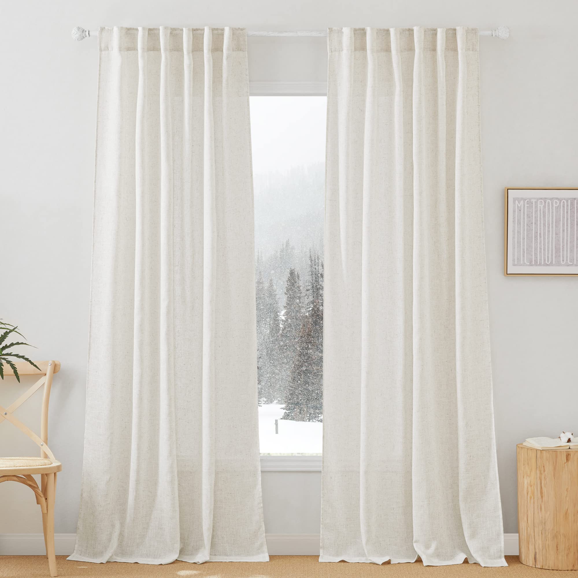 RYB HOME Semi Sheer Curtains - Linen Blend Privacy Curtains Sheer Window Treatment Drapes Farmhouse Decor for Bedroom Living Room Sliding Glass Door, 52 inch Wide x 95 inch Long 2 Panels, Linen