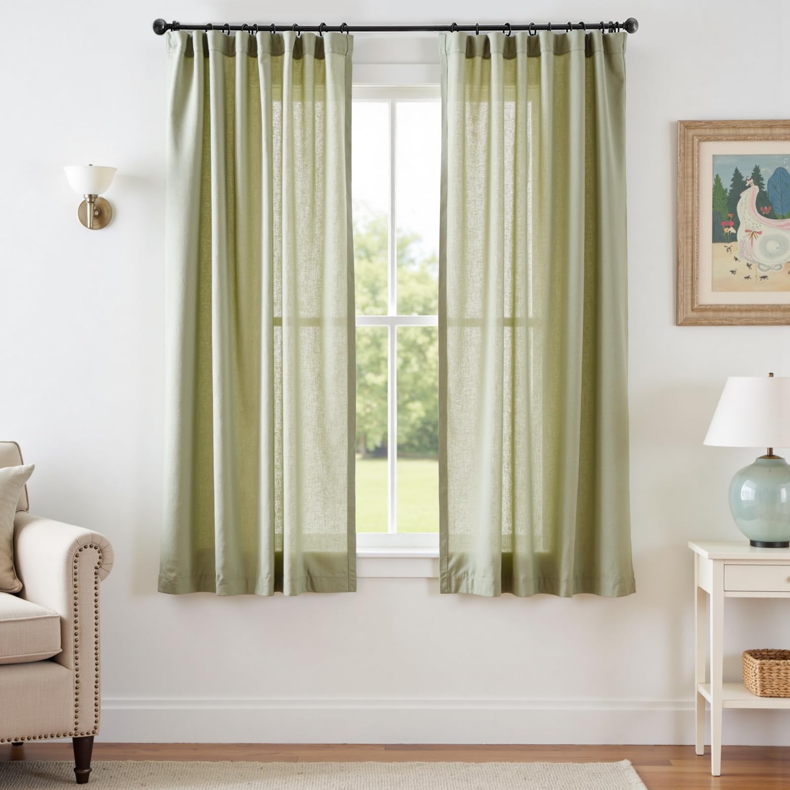 Linen Curtains for Living Room Bedroom 84 Inches Long Thick Linen Textured Beige Curtains Light Filtering Natural Semi Sheer Farmhouse Window Drapes, Country Rustic Drapes 2 Panels Back Tab/Rod Pocket