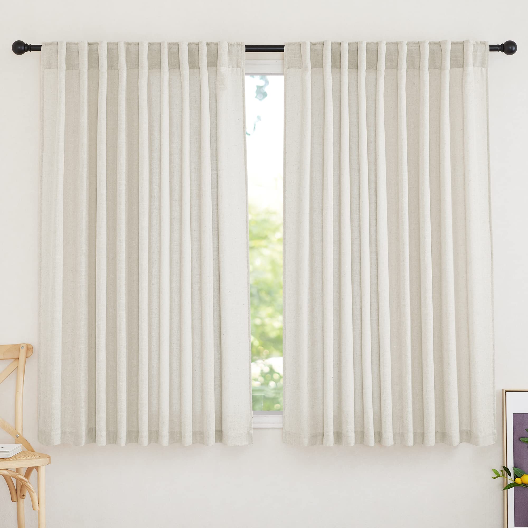 RYB HOME Semi Sheer Curtains - Linen Blend Privacy Curtains Sheer Window Treatment Drapes Farmhouse Decor for Bedroom Living Room Sliding Glass Door, 52 inch Wide x 95 inch Long 2 Panels, Linen