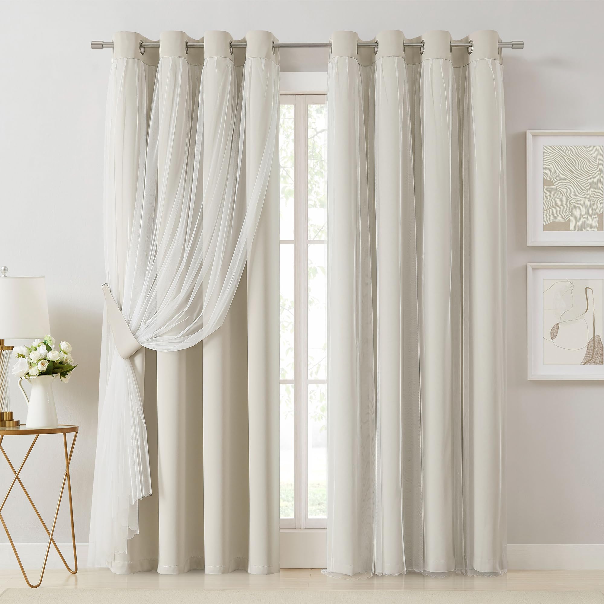 Bujasso Beige 90% Blackout Curtains with Sheer Overlay Mix and Match Double Layer Thermal Insulated Window Panels 84 inch for Living Room Bedroom Beige Drapes with Tiebacks Grommet Top 37" Wx84 Lx2