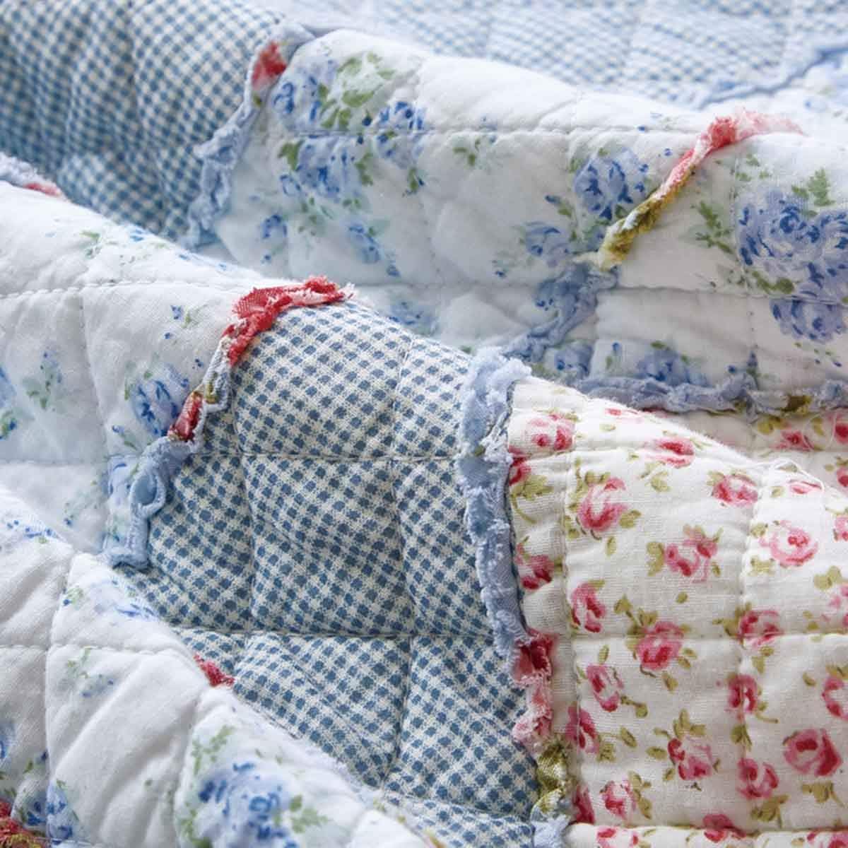 Cozyholy Original 100% Cotton Quilt Full Queen Size Blue Floral Patchwork Quilt, Lightweight Reversible Bedspread Quilted Throw Blanket, Vintage Shabby Chic Cottage Bedding Coverlet for Bed Couch Sofa