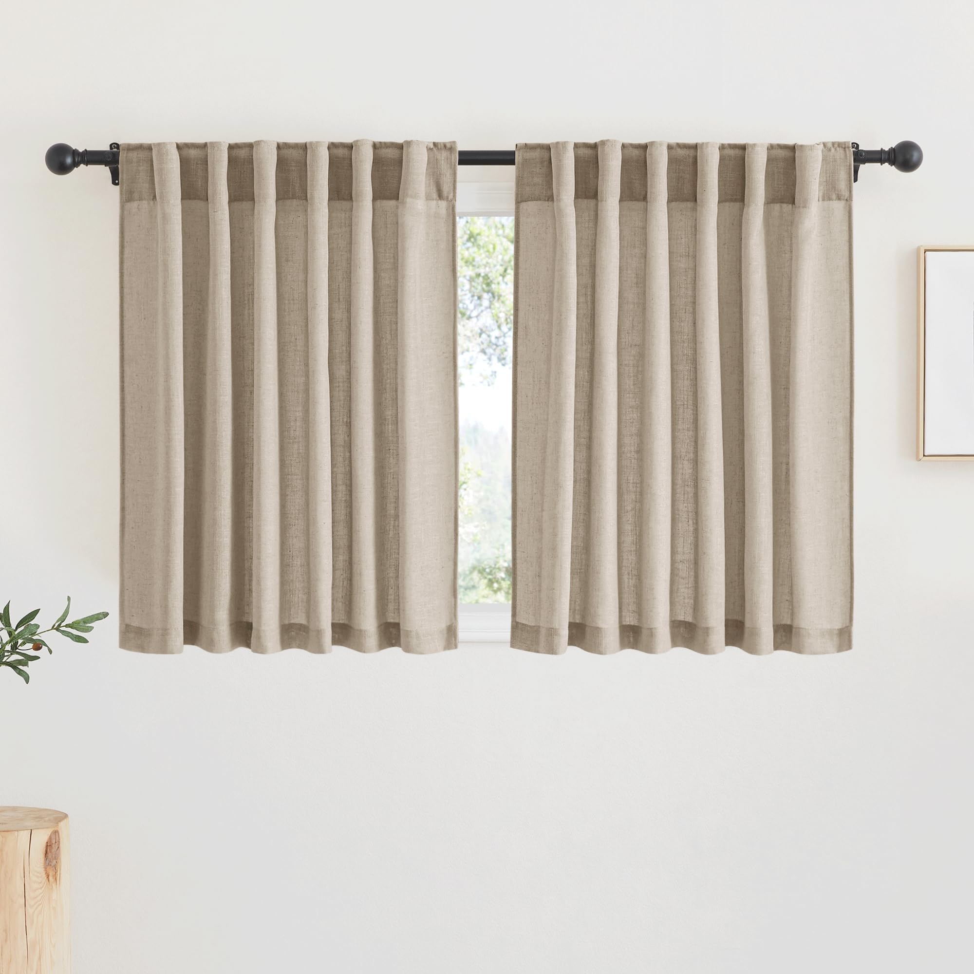 RYB HOME Semi Sheer Curtains - Linen Blend Privacy Curtains Sheer Window Treatment Drapes Farmhouse Decor for Bedroom Living Room Sliding Glass Door, 52 inch Wide x 95 inch Long 2 Panels, Linen