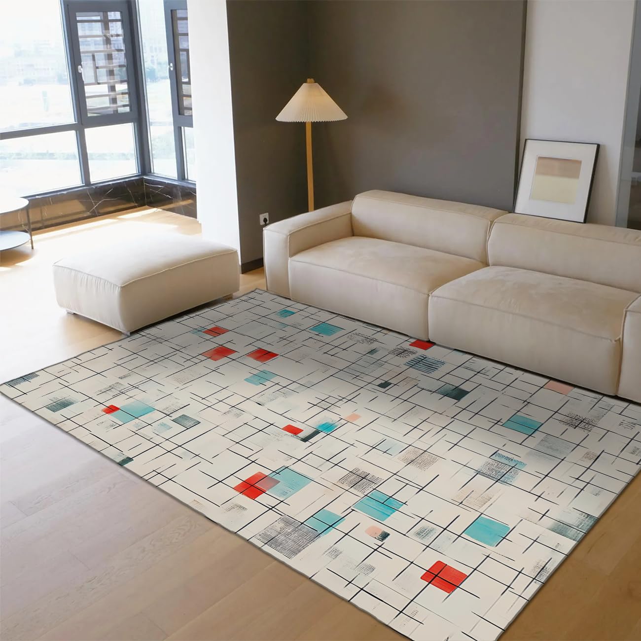 Abstract Line Area Rug 4×6ft, Foldable Stain Resistant Mat for Home & Office
