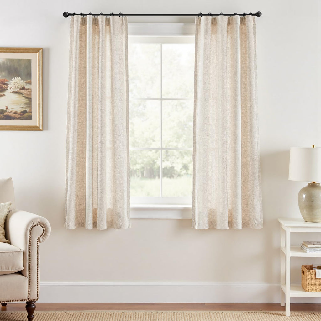 Linen Curtains for Living Room Bedroom 84 Inches Long Thick Linen Textured Beige Curtains Light Filtering Natural Semi Sheer Farmhouse Window Drapes, Country Rustic Drapes 2 Panels Back Tab/Rod Pocket