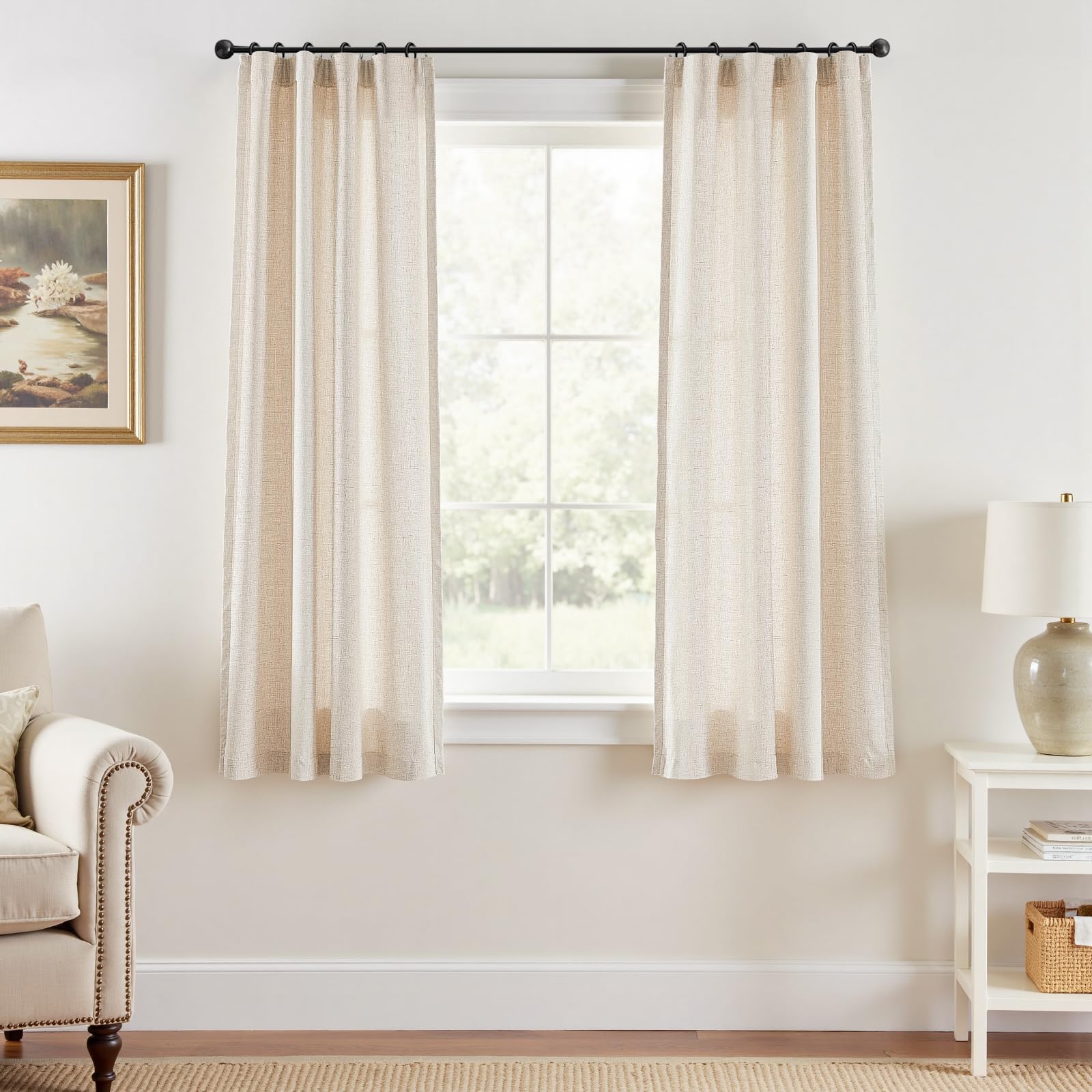 Linen Curtains for Living Room Bedroom 84 Inches Long Thick Linen Textured Beige Curtains Light Filtering Natural Semi Sheer Farmhouse Window Drapes, Country Rustic Drapes 2 Panels Back Tab/Rod Pocket