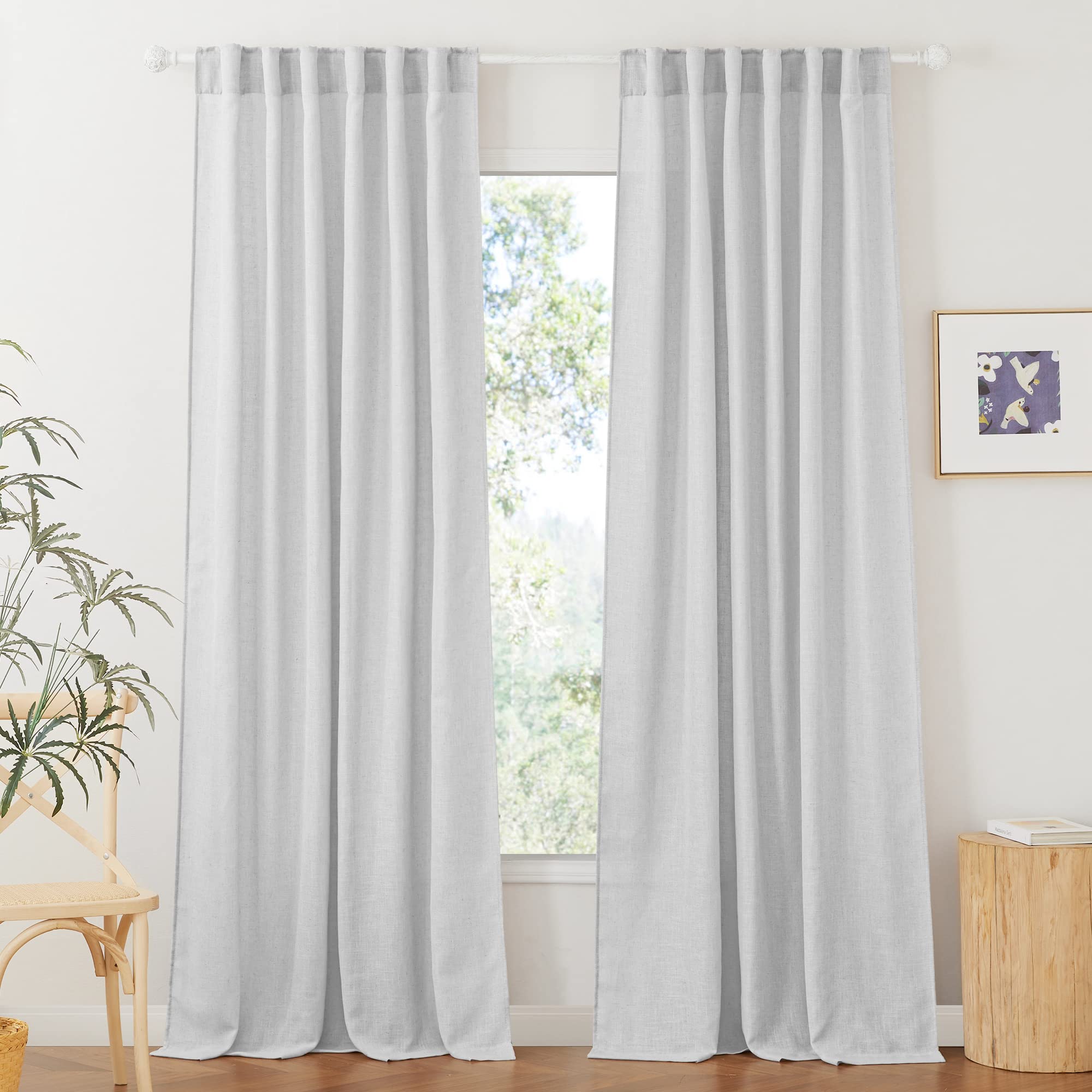 RYB HOME Semi Sheer Curtains - Linen Blend Privacy Curtains Sheer Window Treatment Drapes Farmhouse Decor for Bedroom Living Room Sliding Glass Door, 52 inch Wide x 95 inch Long 2 Panels, Linen