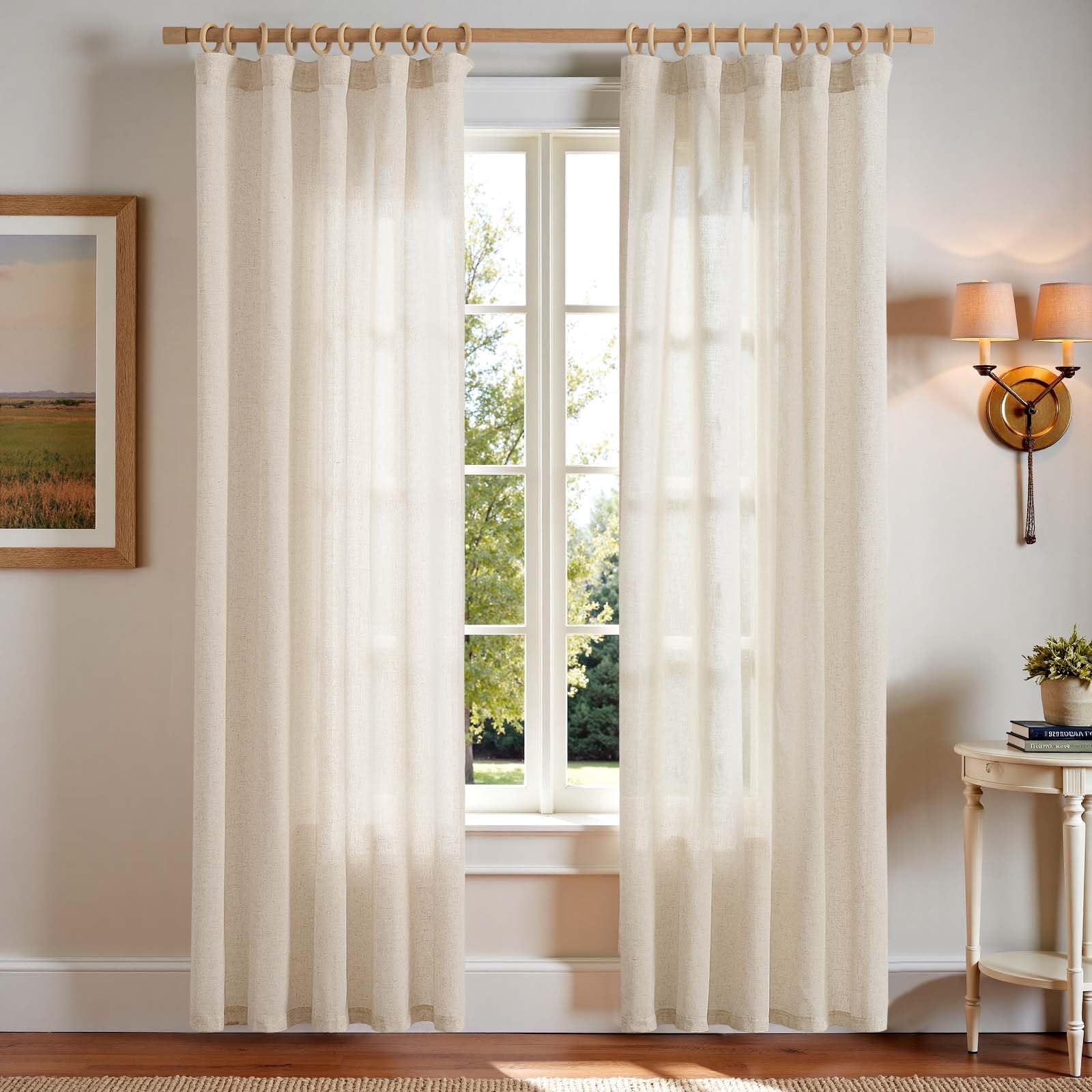 Linen Curtains for Living Room Bedroom 84 Inches Long Thick Linen Textured Beige Curtains Light Filtering Natural Semi Sheer Farmhouse Window Drapes, Country Rustic Drapes 2 Panels Back Tab/Rod Pocket