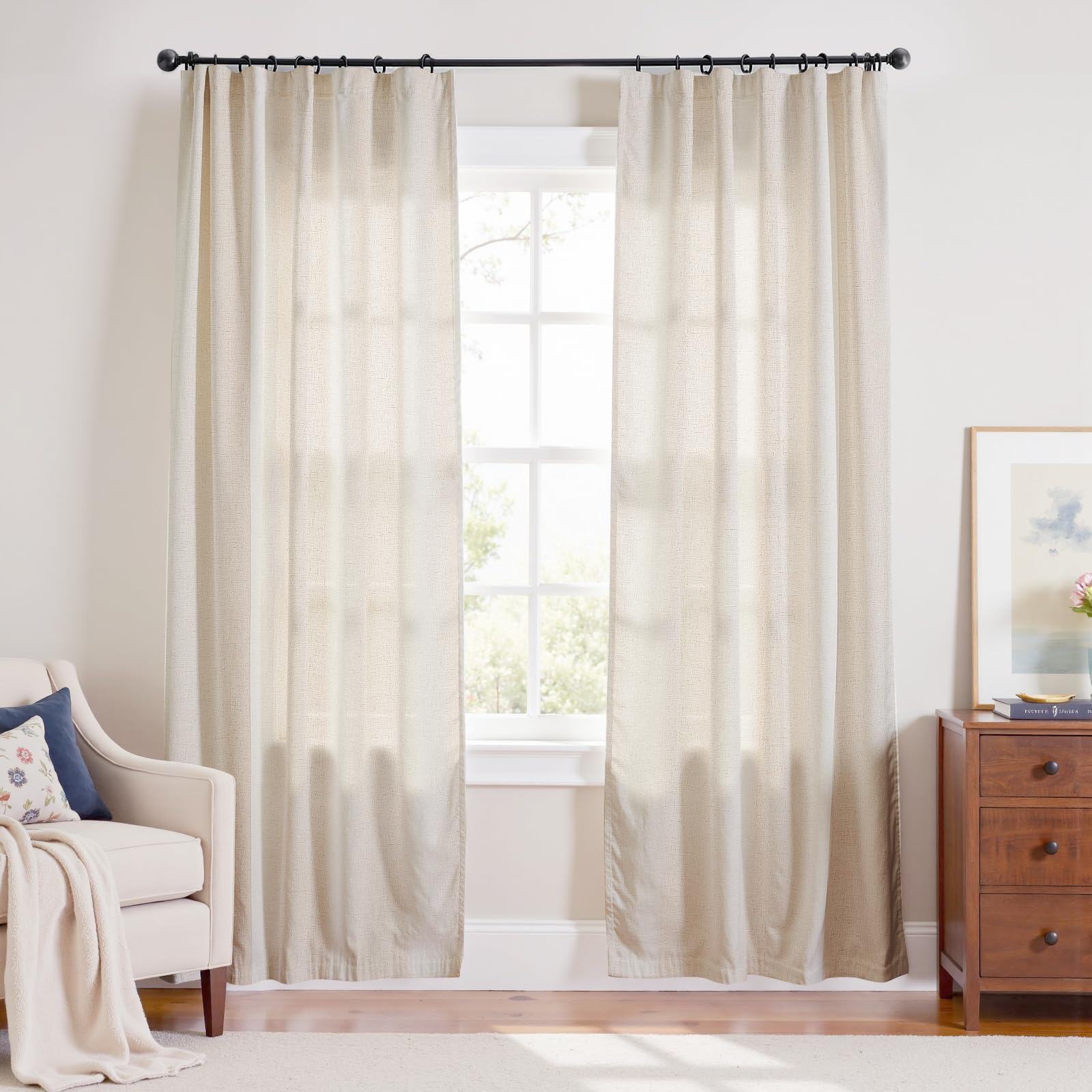 Linen Curtains for Living Room Bedroom 84 Inches Long Thick Linen Textured Beige Curtains Light Filtering Natural Semi Sheer Farmhouse Window Drapes, Country Rustic Drapes 2 Panels Back Tab/Rod Pocket