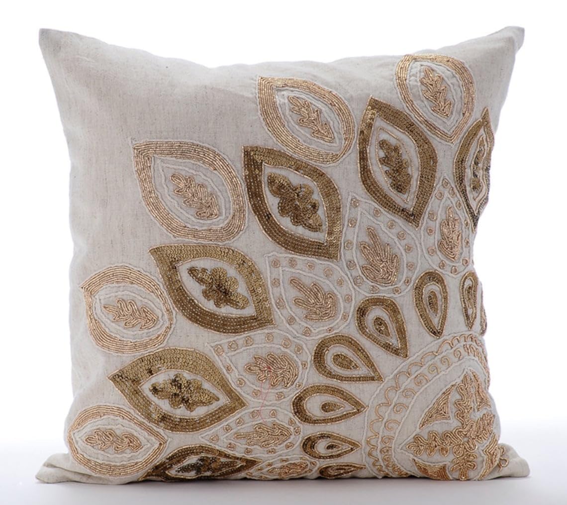 The HomeCentric Decorative Pillow Covers Beige Pack of 2, 20"x20" (50x50 cm) Linen Embroidery Cushion Covers for Sofa, Geometric Modern Style - Juliette