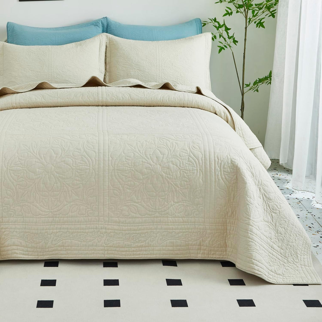 WINLIFE 100% Cotton Quilt Set Full/Queen 90x98 Inch Beige Summer Bedspread Super Soft Lightweight Matelasse Embroidery Floral Coverlets for All Season, 3 Piece (1 Quilt, 2 Pillow Shams)