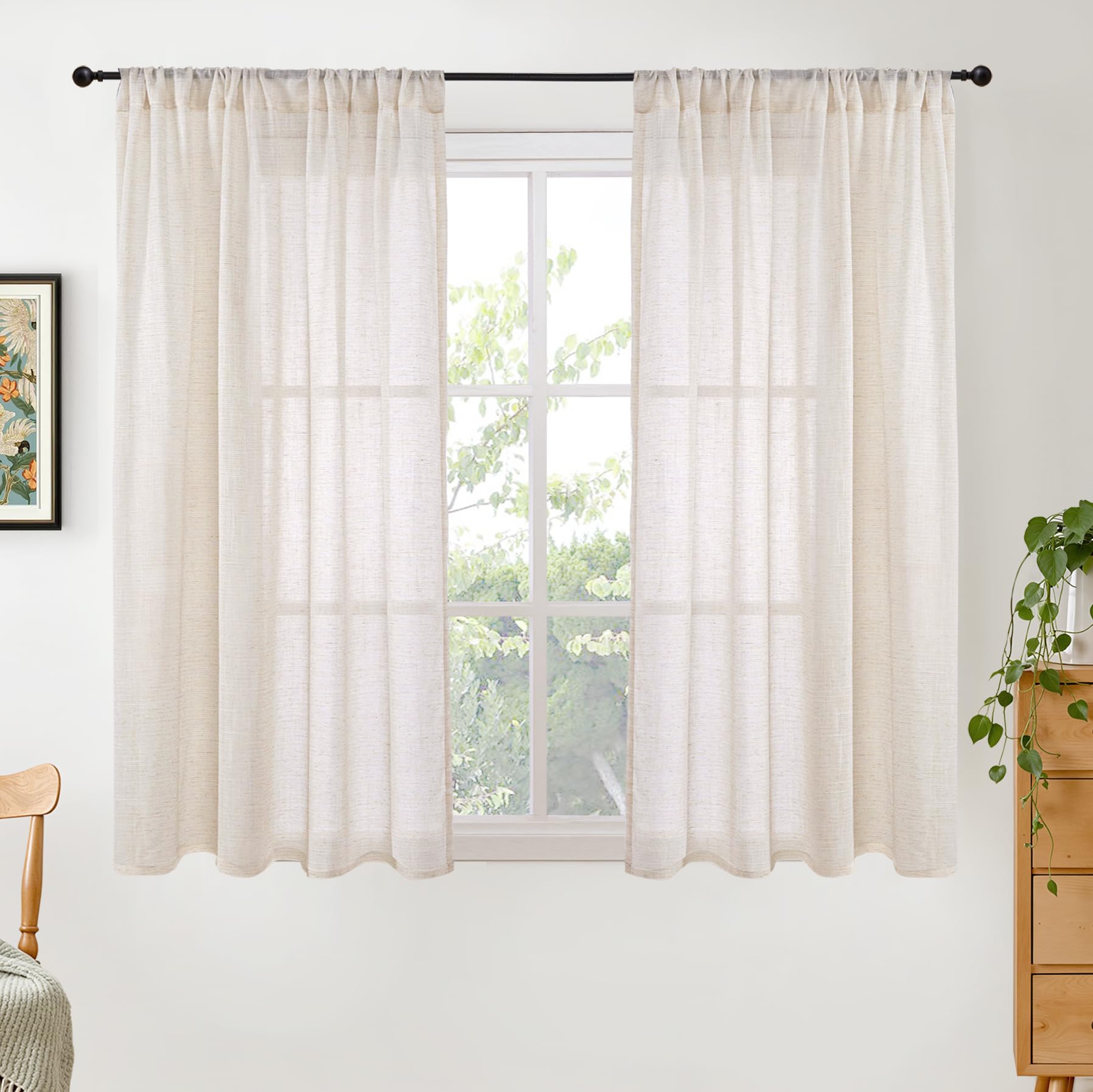 BGment 80 Inches Long Natural Linen Curtains 2 Panels Set - Burlap Light Filtering Window Drapes with Rod Pocket Semi Sheer for Farmhouse Bedroom Decor Rustic, 52 Inch Wide Each Panel