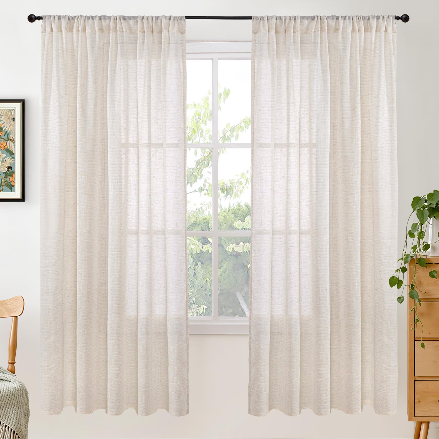 BGment 80 Inches Long Natural Linen Curtains 2 Panels Set - Burlap Light Filtering Window Drapes with Rod Pocket Semi Sheer for Farmhouse Bedroom Decor Rustic, 52 Inch Wide Each Panel