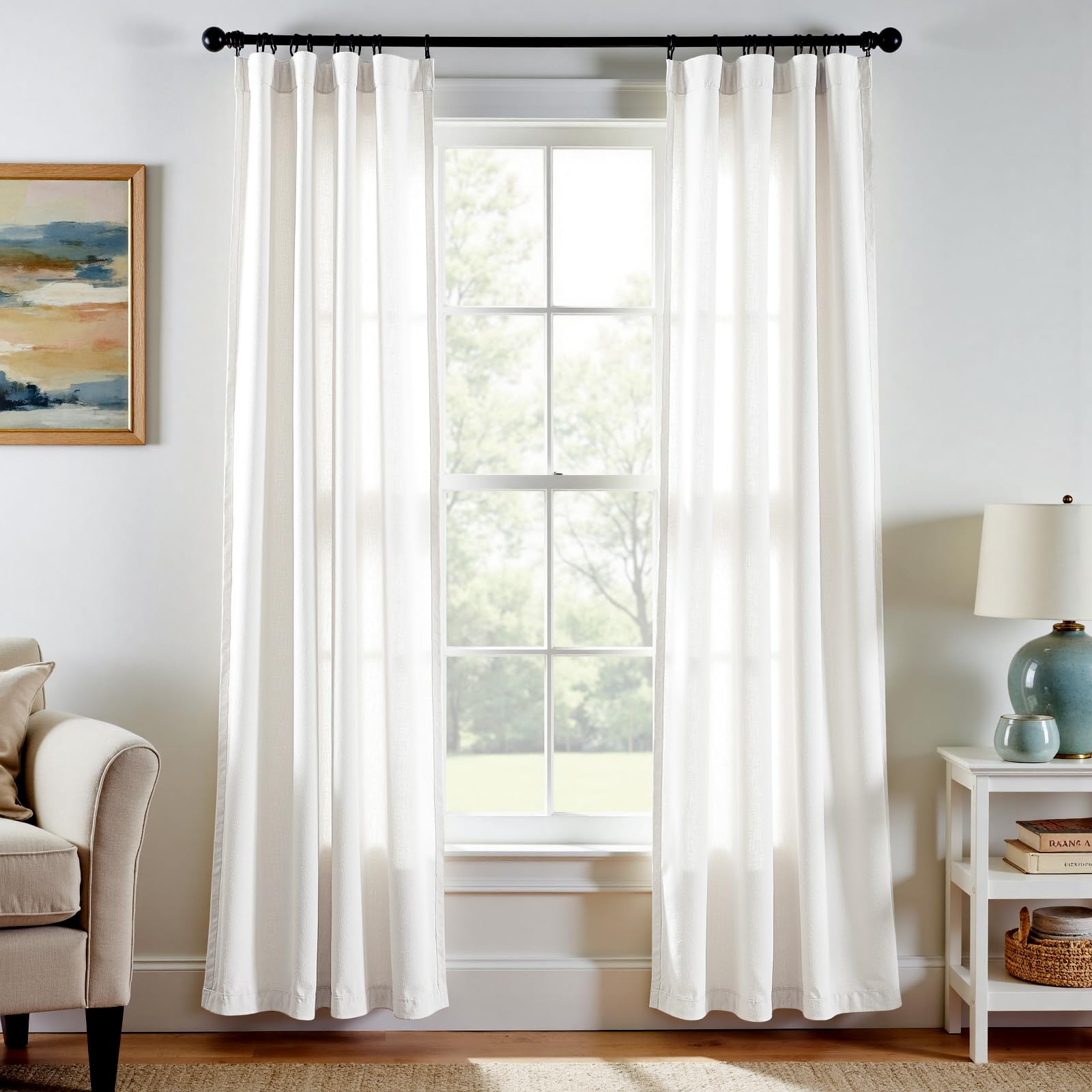 Linen Curtains for Living Room Bedroom 84 Inches Long Thick Linen Textured Beige Curtains Light Filtering Natural Semi Sheer Farmhouse Window Drapes, Country Rustic Drapes 2 Panels Back Tab/Rod Pocket
