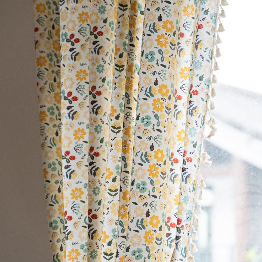 Green Boho Floral Curtains 84", 2 Panels Cotton Linen Semi-Blackout Drapes with Tassel