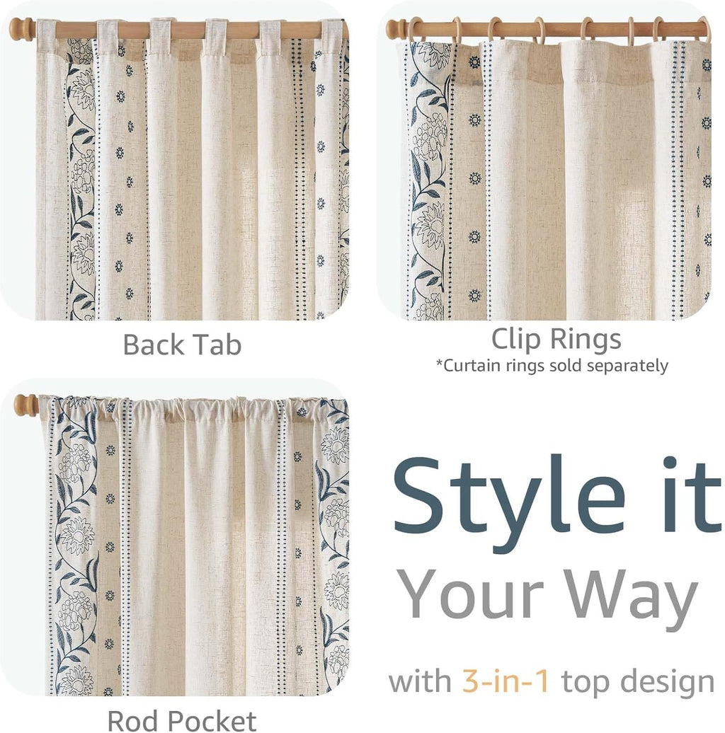 jinchan Winslow Linen Curtains for Bedroom 84 Inches Length Embroidered Bordered Floral Curtains for Living Room Farmhouse Decor Light Filtering Window Treatments Blue on Beige Drapes 2 Panels