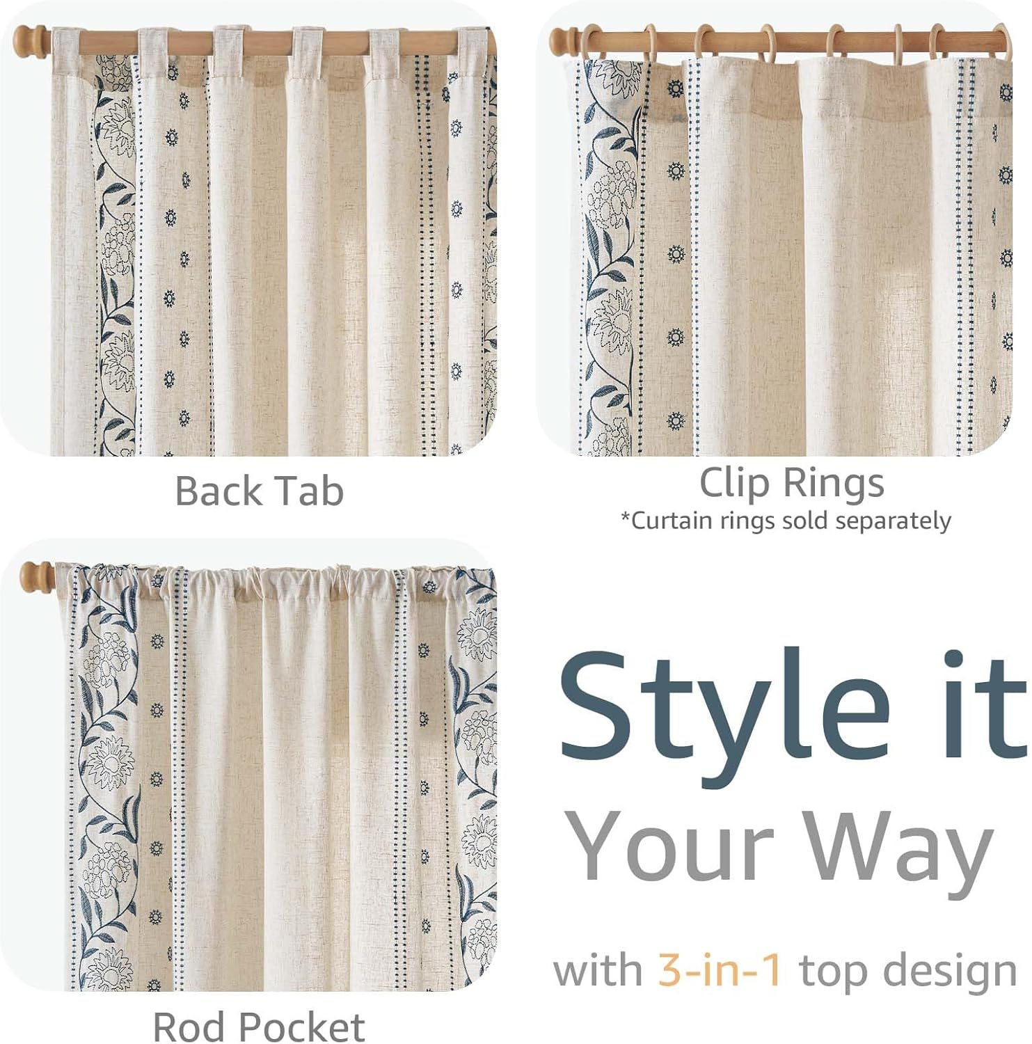 jinchan Winslow Linen Curtains for Bedroom 84 Inches Length Embroidered Bordered Floral Curtains for Living Room Farmhouse Decor Light Filtering Window Treatments Blue on Beige Drapes 2 Panels