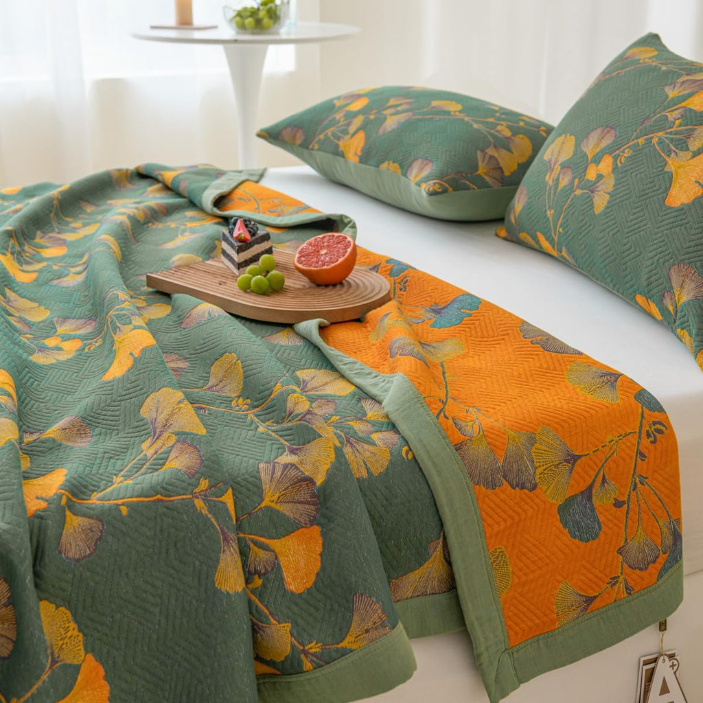 King Size 100% Cotton Floral Ginkgo Jacquard Quilt, 3-Layer Reversible Lightweight Bedspread 98"x94"