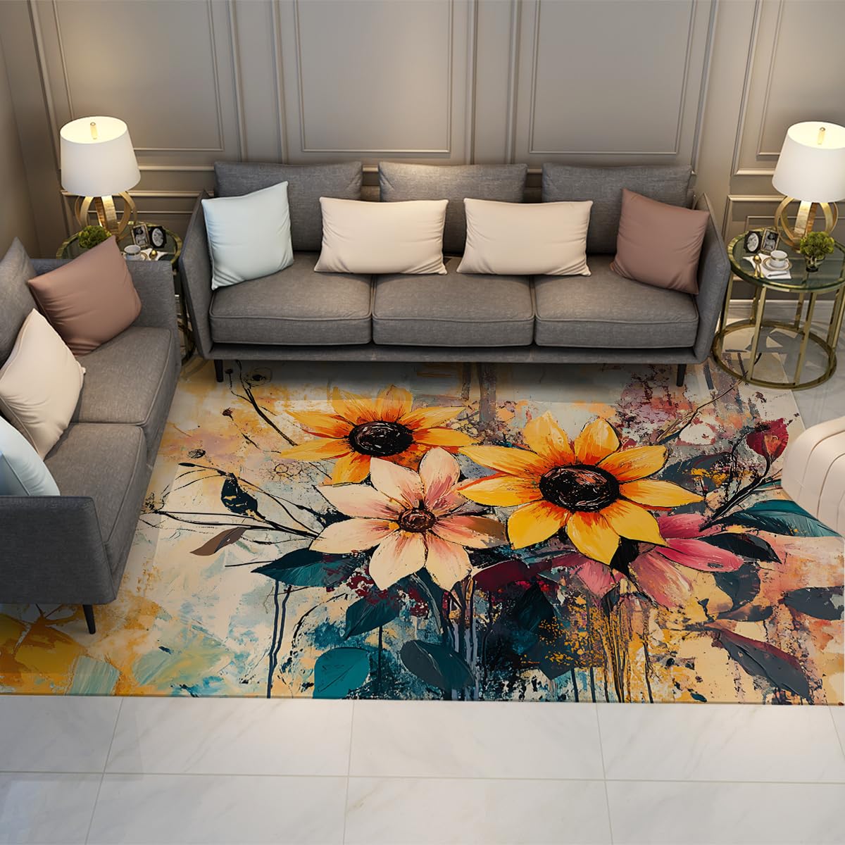 Modern Abstract 6x8ft Area Rugs Boho Area Rug Geometric Pattern Non Slip Rug Nordic Washable Foldable Rugs Low Pile Lightweight Floor Carpet for Living Room Bedroom Nursery Classroom