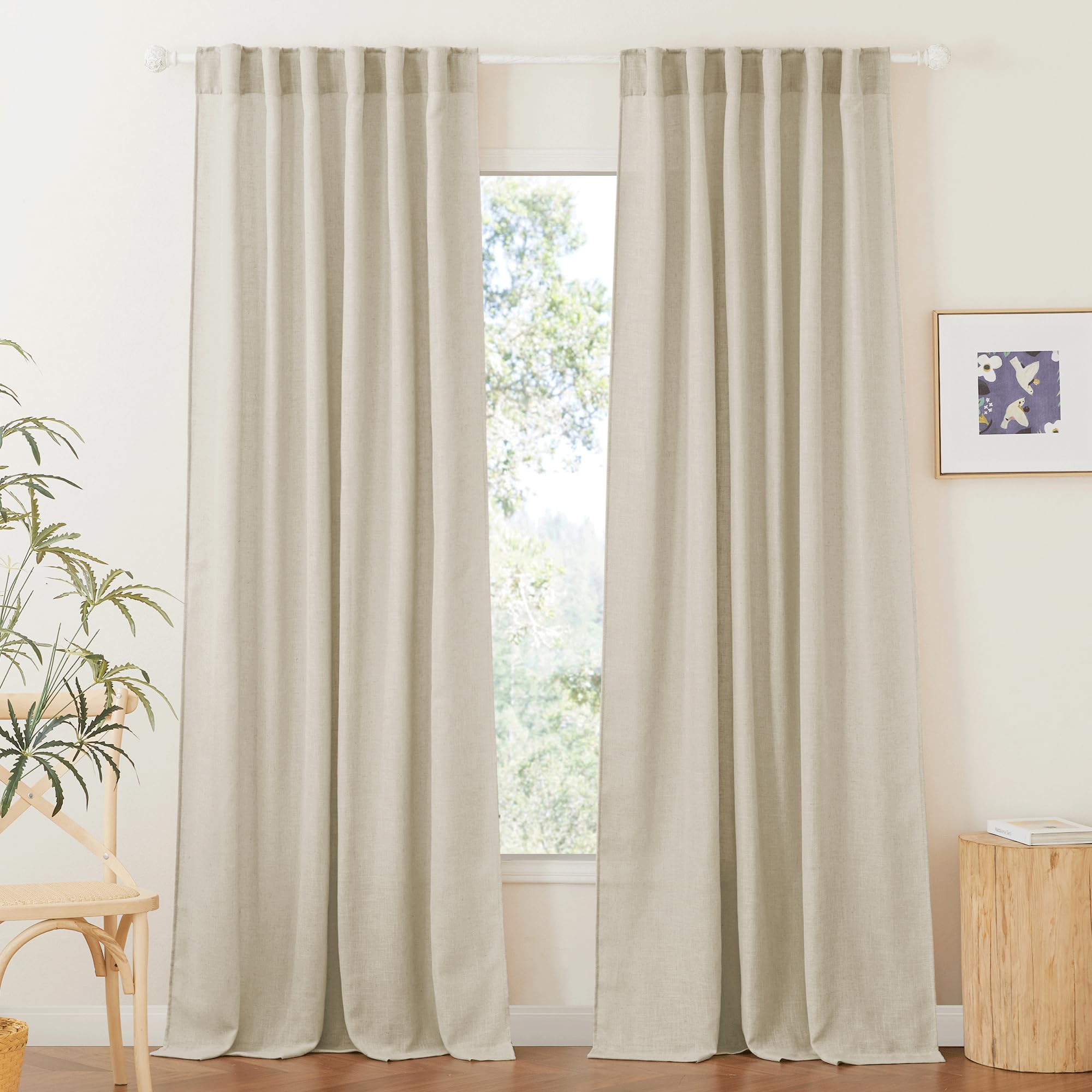 RYB HOME Semi Sheer Curtains - Linen Blend Privacy Curtains Sheer Window Treatment Drapes Farmhouse Decor for Bedroom Living Room Sliding Glass Door, 52 inch Wide x 95 inch Long 2 Panels, Linen