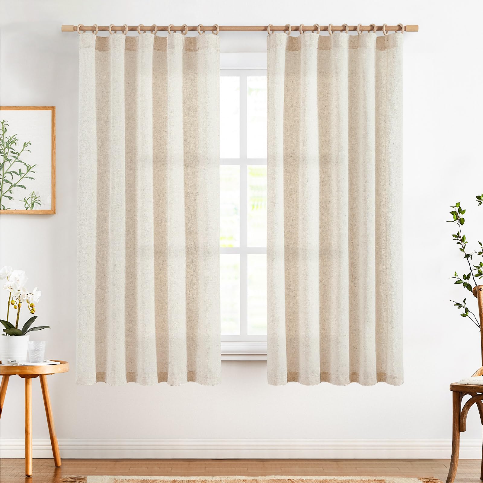 Linen Curtains for Living Room Bedroom 84 Inches Long Thick Linen Textured Beige Curtains Light Filtering Natural Semi Sheer Farmhouse Window Drapes, Country Rustic Drapes 2 Panels Back Tab/Rod Pocket