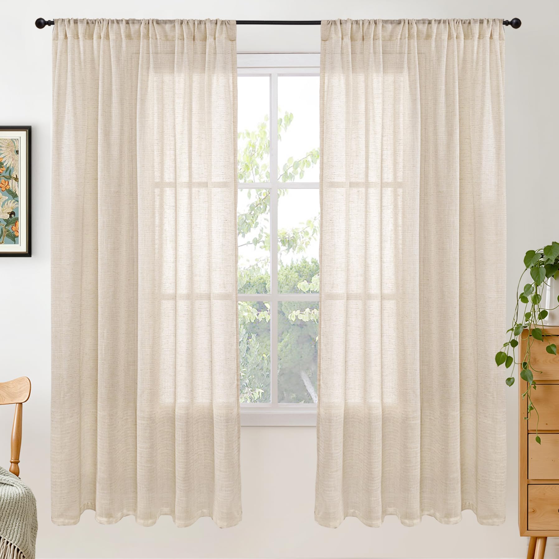 BGment 80 Inches Long Natural Linen Curtains 2 Panels Set - Burlap Light Filtering Window Drapes with Rod Pocket Semi Sheer for Farmhouse Bedroom Decor Rustic, 52 Inch Wide Each Panel