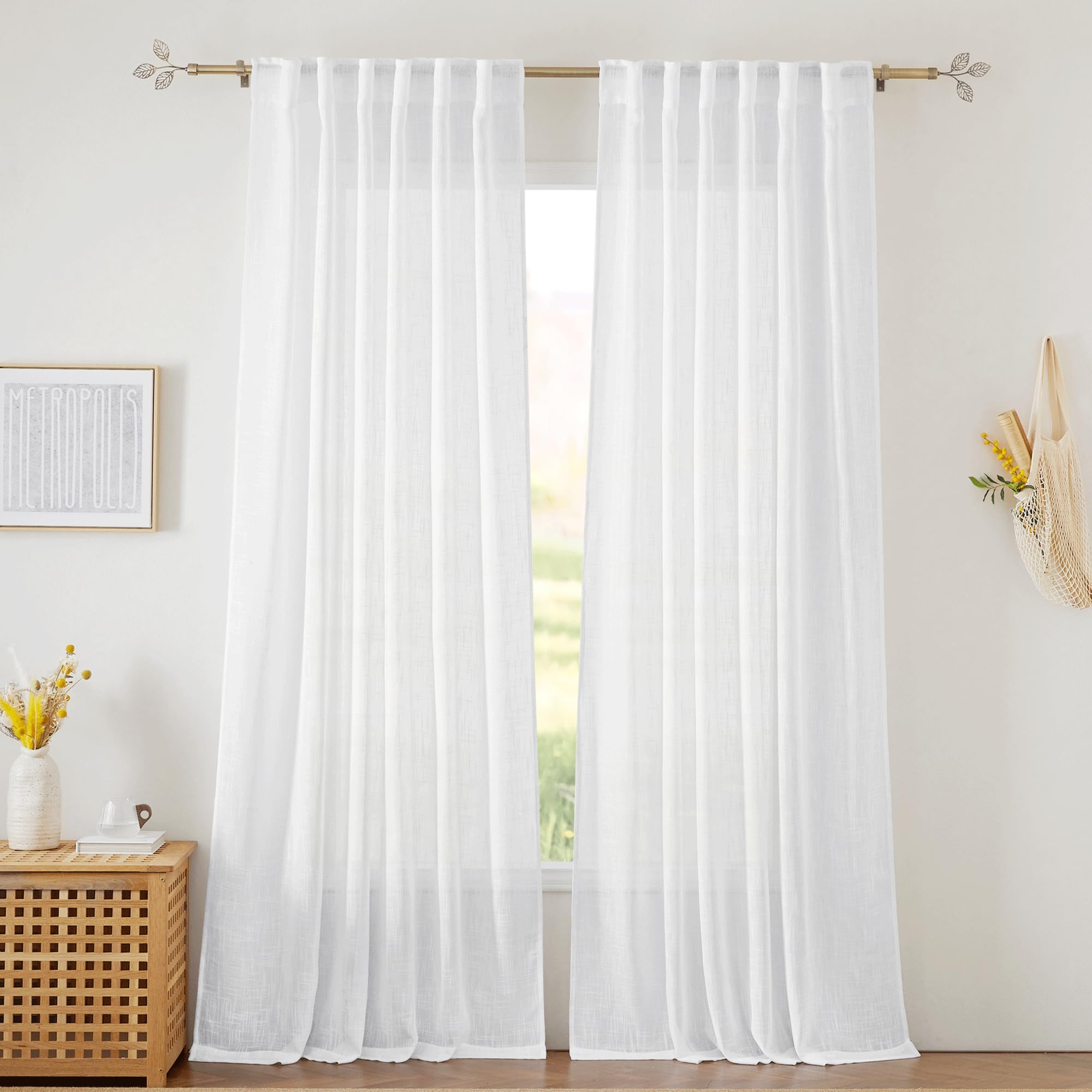 RYB HOME Semi Sheer Curtains - Linen Blend Privacy Curtains Sheer Window Treatment Drapes Farmhouse Decor for Bedroom Living Room Sliding Glass Door, 52 inch Wide x 95 inch Long 2 Panels, Linen