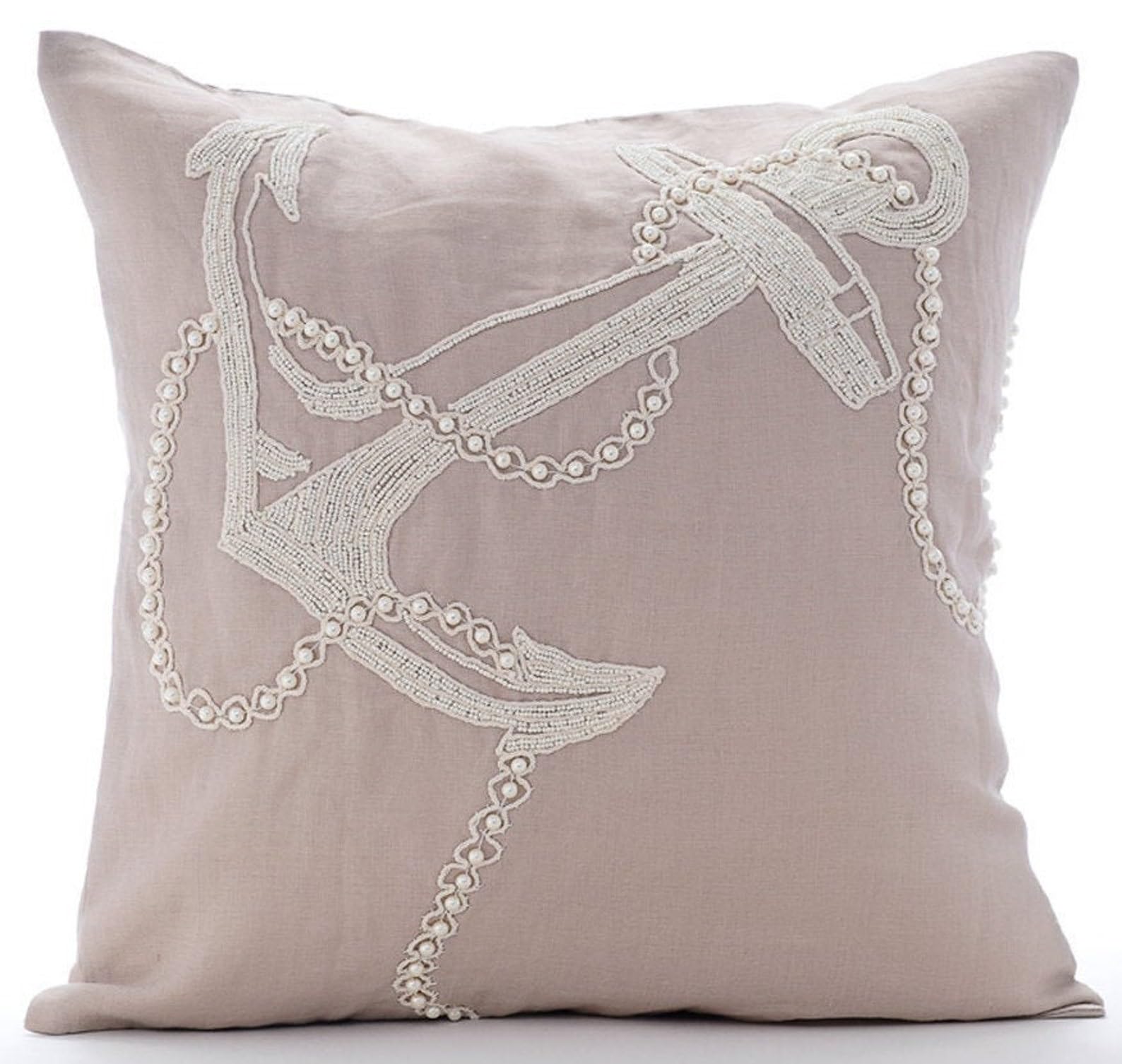 The HomeCentric Decorative Pillow Covers Beige Pack of 2, 20"x20" (50x50 cm) Linen Embroidery Cushion Covers for Sofa, Geometric Modern Style - Juliette