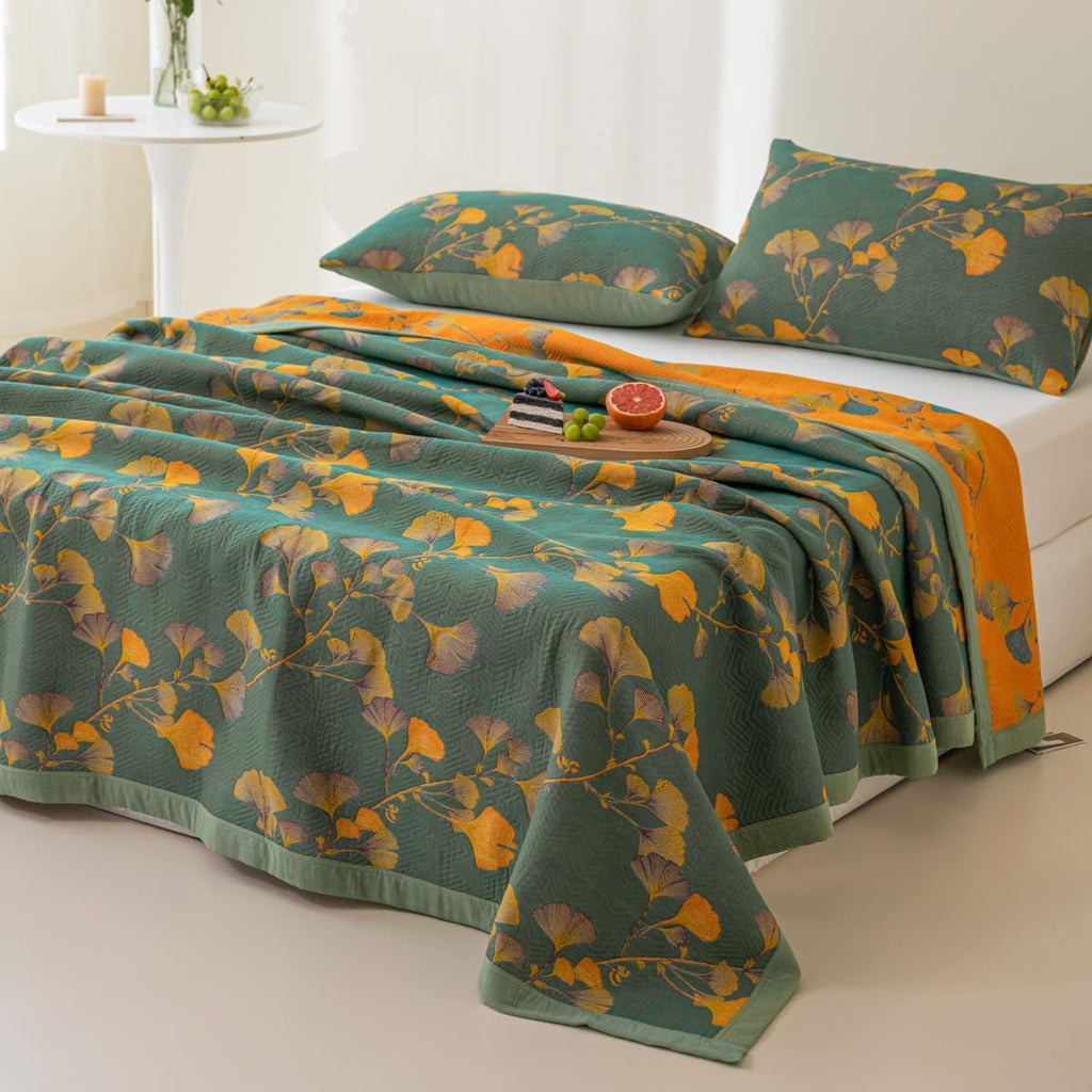 King Size 100% Cotton Floral Ginkgo Jacquard Quilt, 3-Layer Reversible Lightweight Bedspread 98"x94"