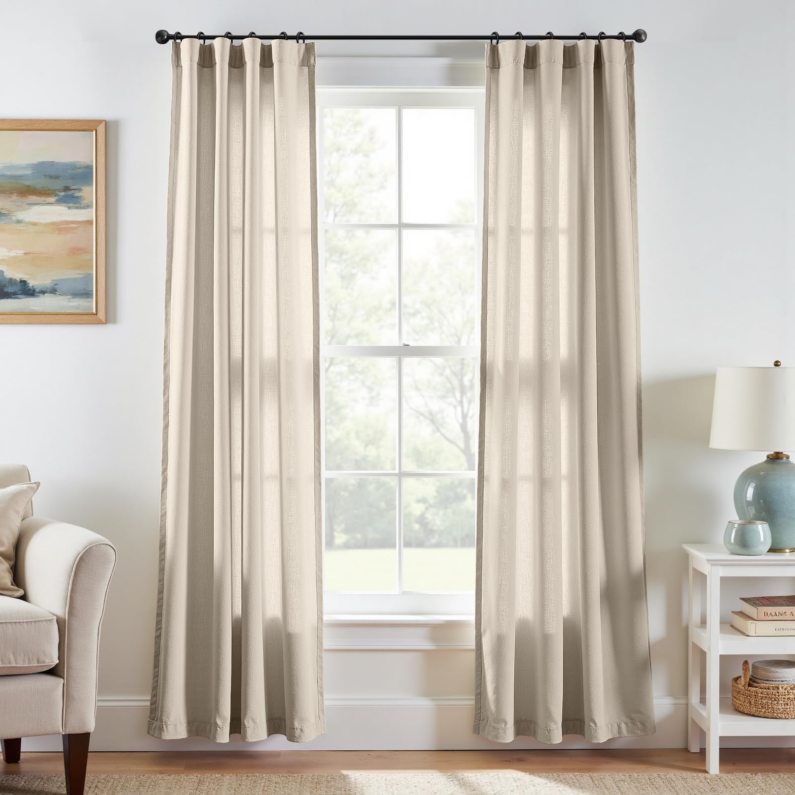 Linen Curtains for Living Room Bedroom 84 Inches Long Thick Linen Textured Beige Curtains Light Filtering Natural Semi Sheer Farmhouse Window Drapes, Country Rustic Drapes 2 Panels Back Tab/Rod Pocket
