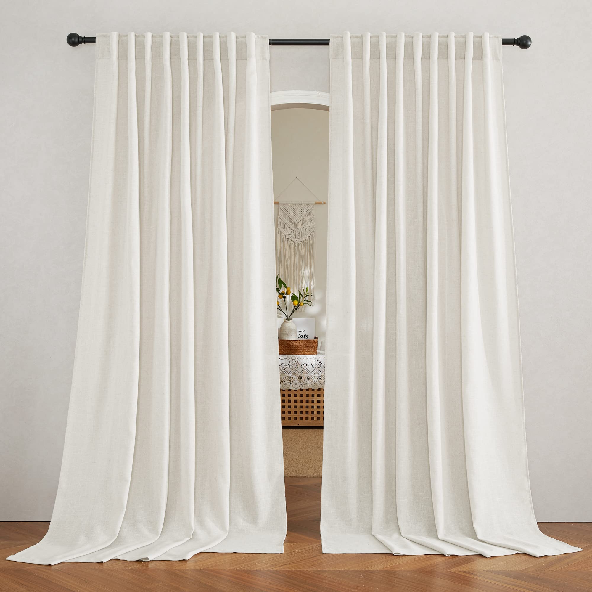 RYB HOME Semi Sheer Curtains - Linen Blend Privacy Curtains Sheer Window Treatment Drapes Farmhouse Decor for Bedroom Living Room Sliding Glass Door, 52 inch Wide x 95 inch Long 2 Panels, Linen