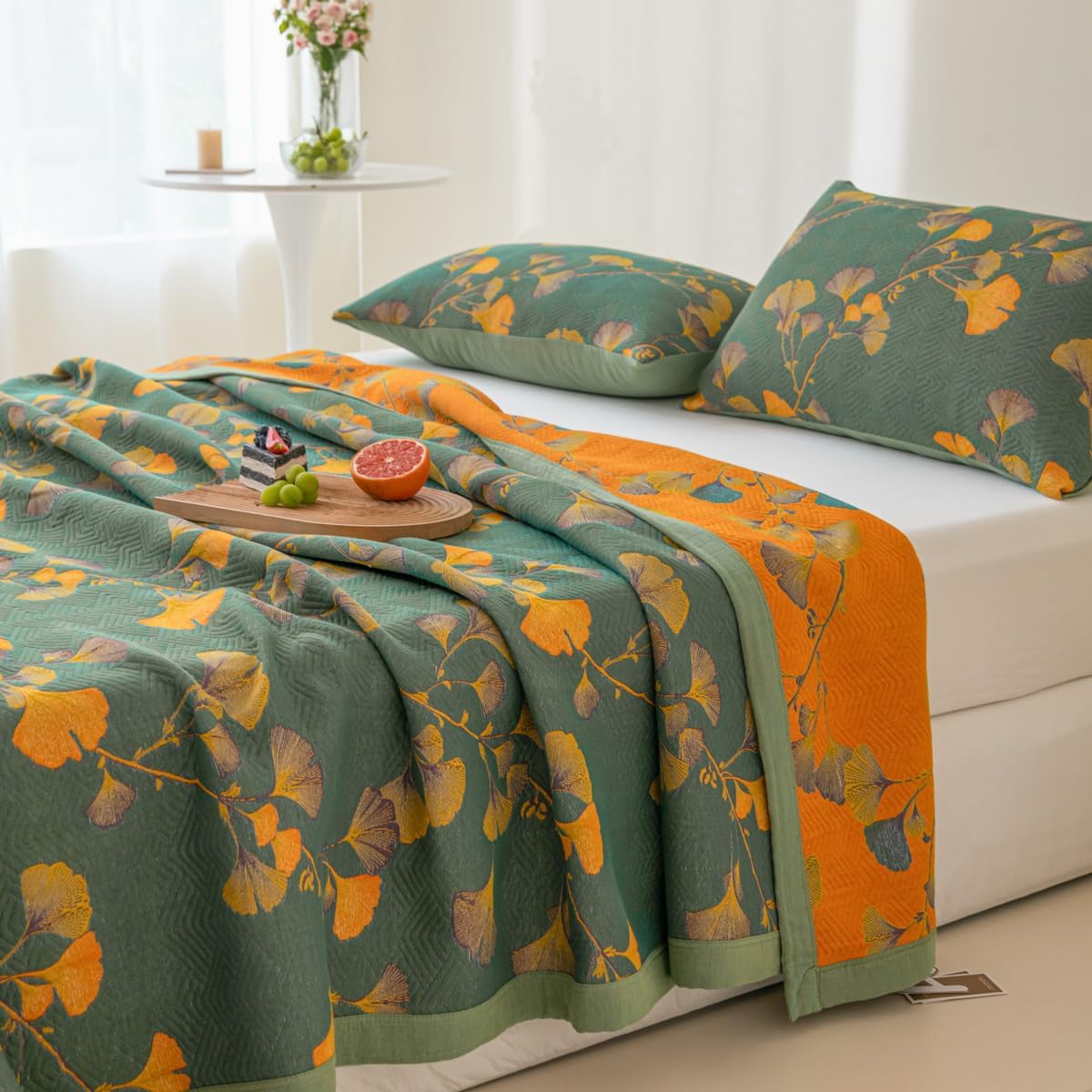 King Size 100% Cotton Floral Ginkgo Jacquard Quilt, 3-Layer Reversible Lightweight Bedspread 98"x94"