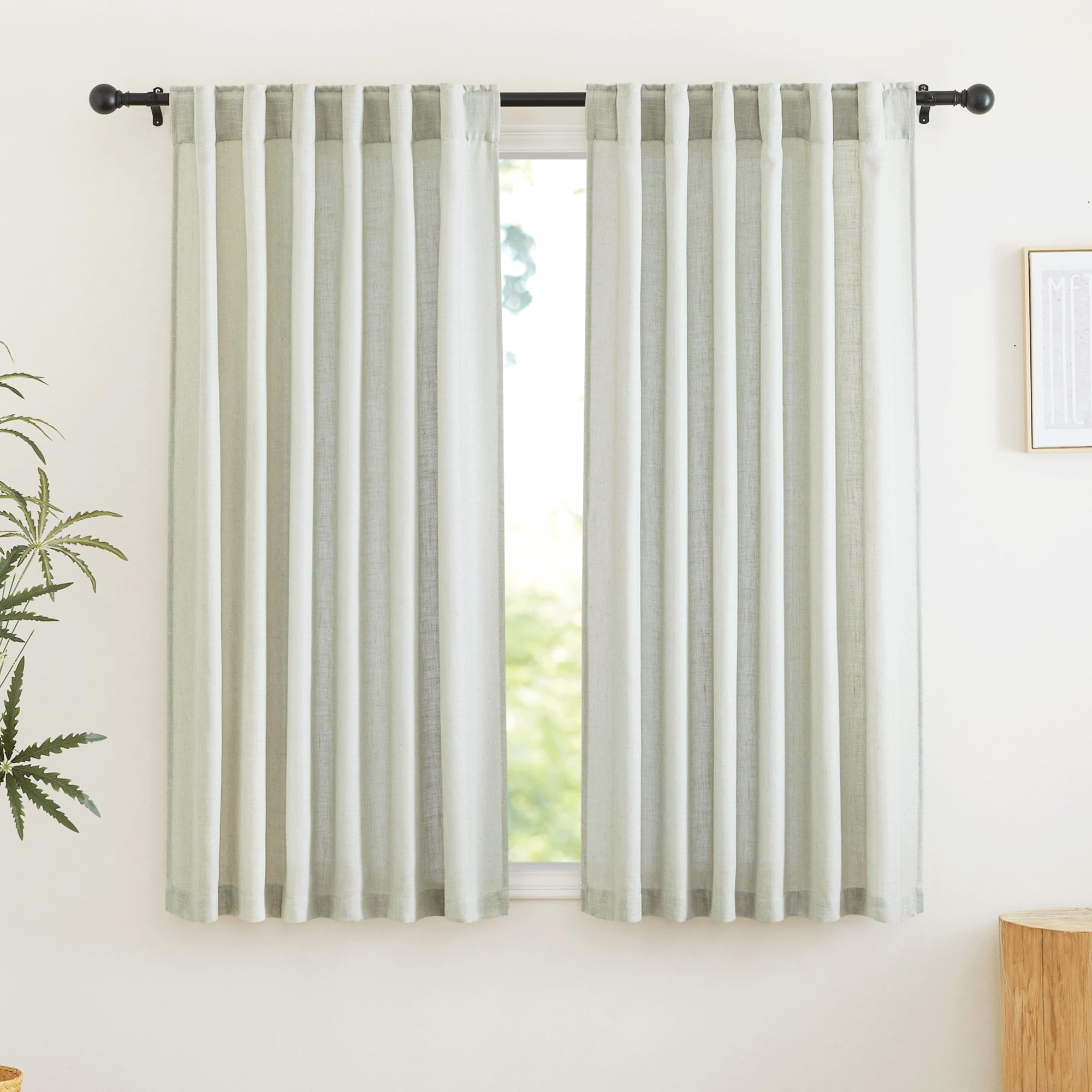 RYB HOME Semi Sheer Curtains - Linen Blend Privacy Curtains Sheer Window Treatment Drapes Farmhouse Decor for Bedroom Living Room Sliding Glass Door, 52 inch Wide x 95 inch Long 2 Panels, Linen