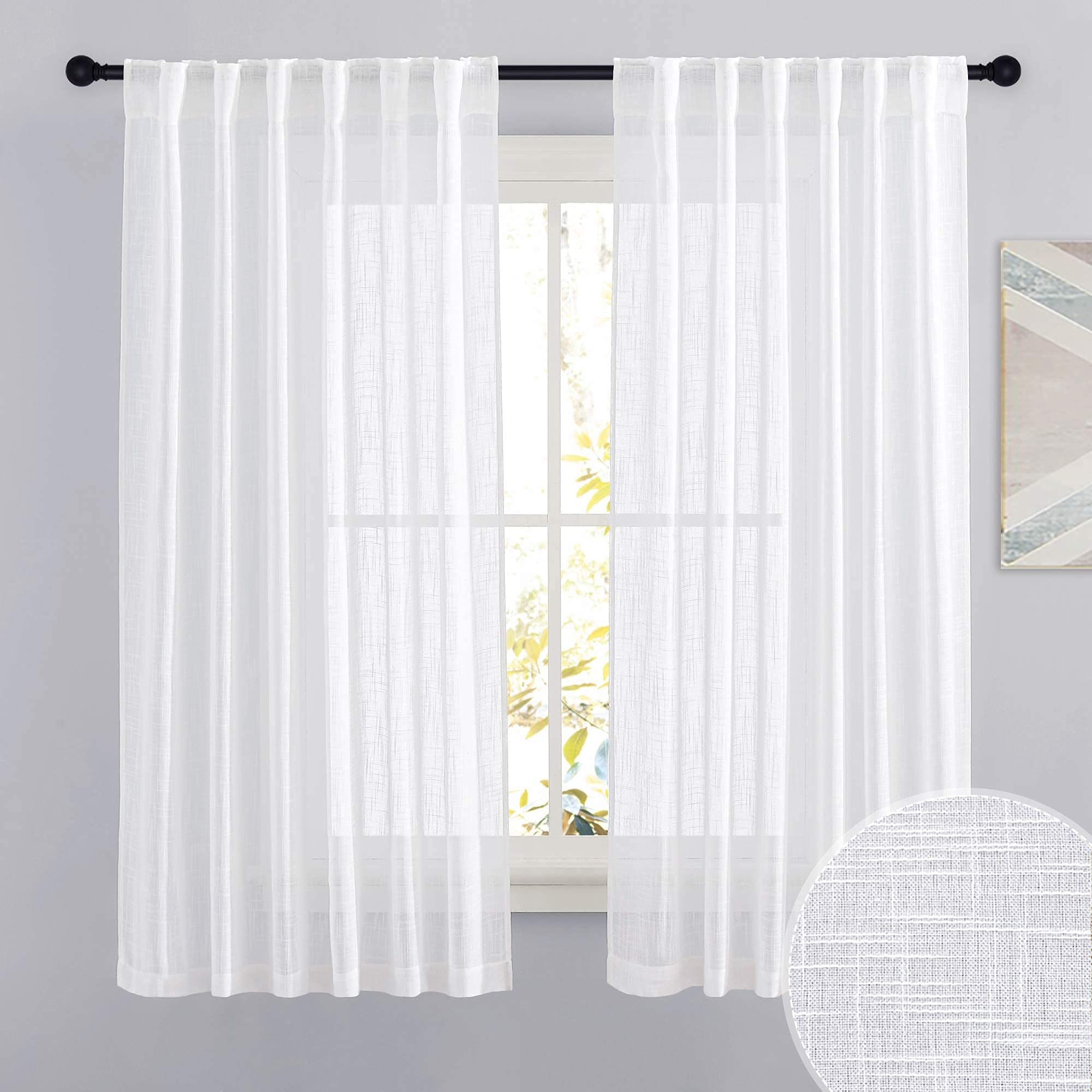 RYB HOME Semi Sheer Curtains - Linen Blend Privacy Curtains Sheer Window Treatment Drapes Farmhouse Decor for Bedroom Living Room Sliding Glass Door, 52 inch Wide x 95 inch Long 2 Panels, Linen