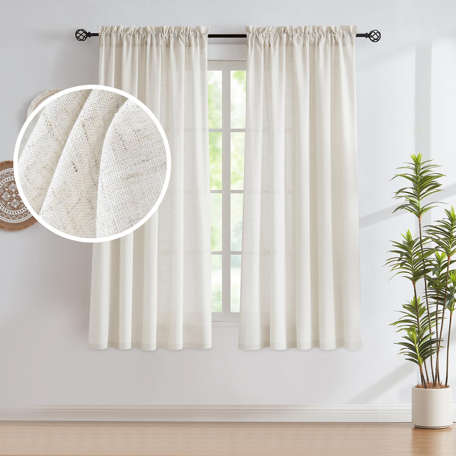 Semi Sheer Curtains for Living Room 95 inch Length Natural Linen Semi Sheer Curtain Drapes for Bedroom Light Filtering Farmhouse Country Rustic Window Curtains 52"w 2 Panels Rod Pocket Beige