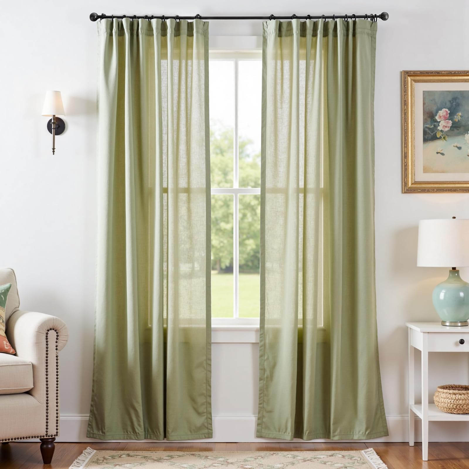 Linen Curtains for Living Room Bedroom 84 Inches Long Thick Linen Textured Beige Curtains Light Filtering Natural Semi Sheer Farmhouse Window Drapes, Country Rustic Drapes 2 Panels Back Tab/Rod Pocket
