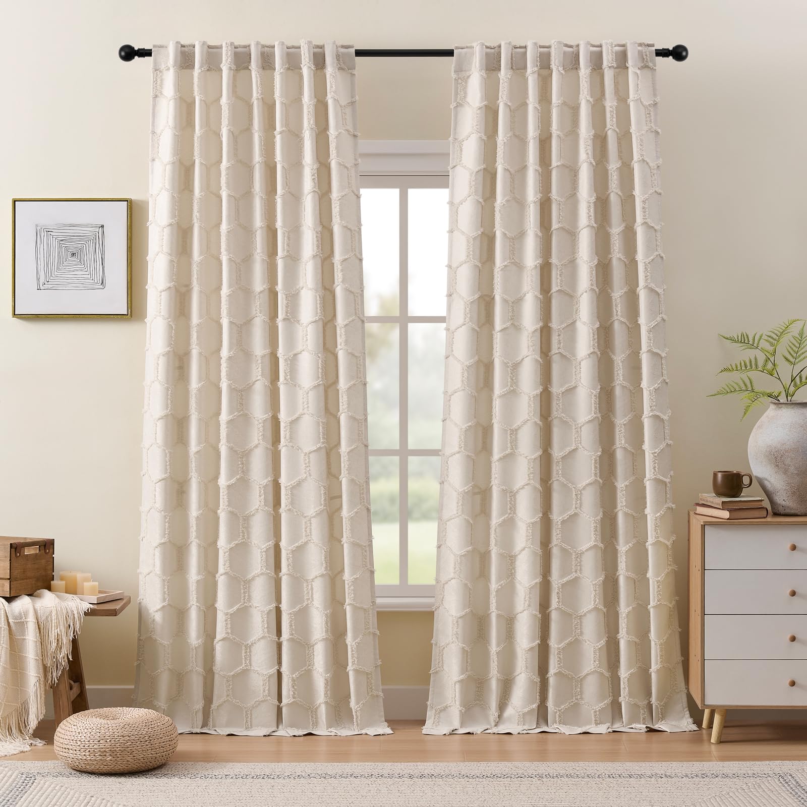 Taupe Geometric Curtains 84 Inches Long 2 Panels Jacquard Fluffy Hexagon Tufted Curtains Rod Pocket Back Tab Light Filtering Semi Sheer Privacy Decor Lattice Drapes for Bedroom Living Room, 52x84