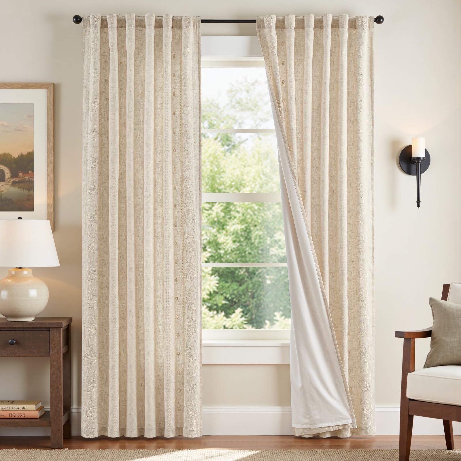 jinchan Winslow Linen Curtains for Bedroom 84 Inches Length Embroidered Bordered Floral Curtains for Living Room Farmhouse Decor Light Filtering Window Treatments Blue on Beige Drapes 2 Panels